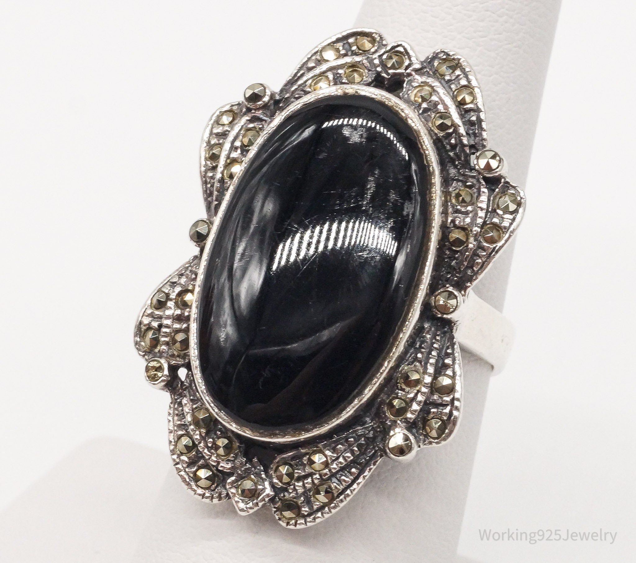 Vintage Large Black Onyx Marcasite Sterling Silver Ring - Size 6.5