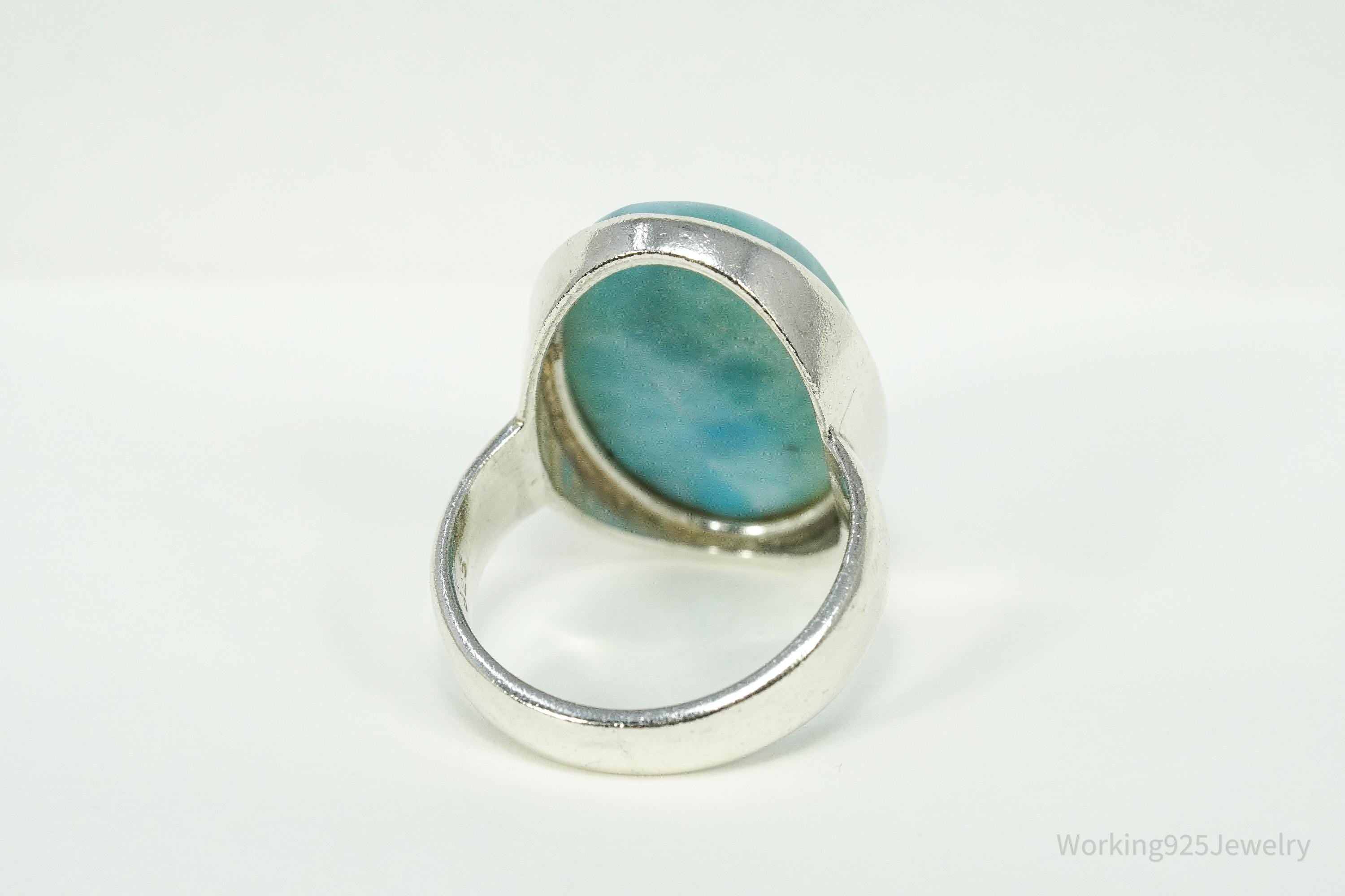 Vintage Large Blue Larimar Sterling Silver Ring - Size 9