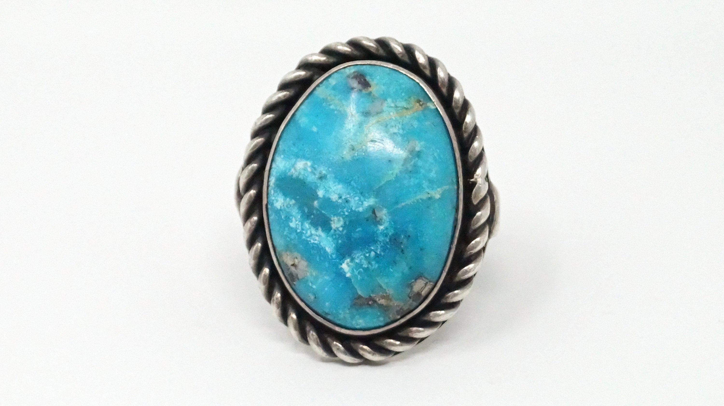 Vintage Native American Chunky Turquoise Sterling Silver Rope Ring - Size 13.25