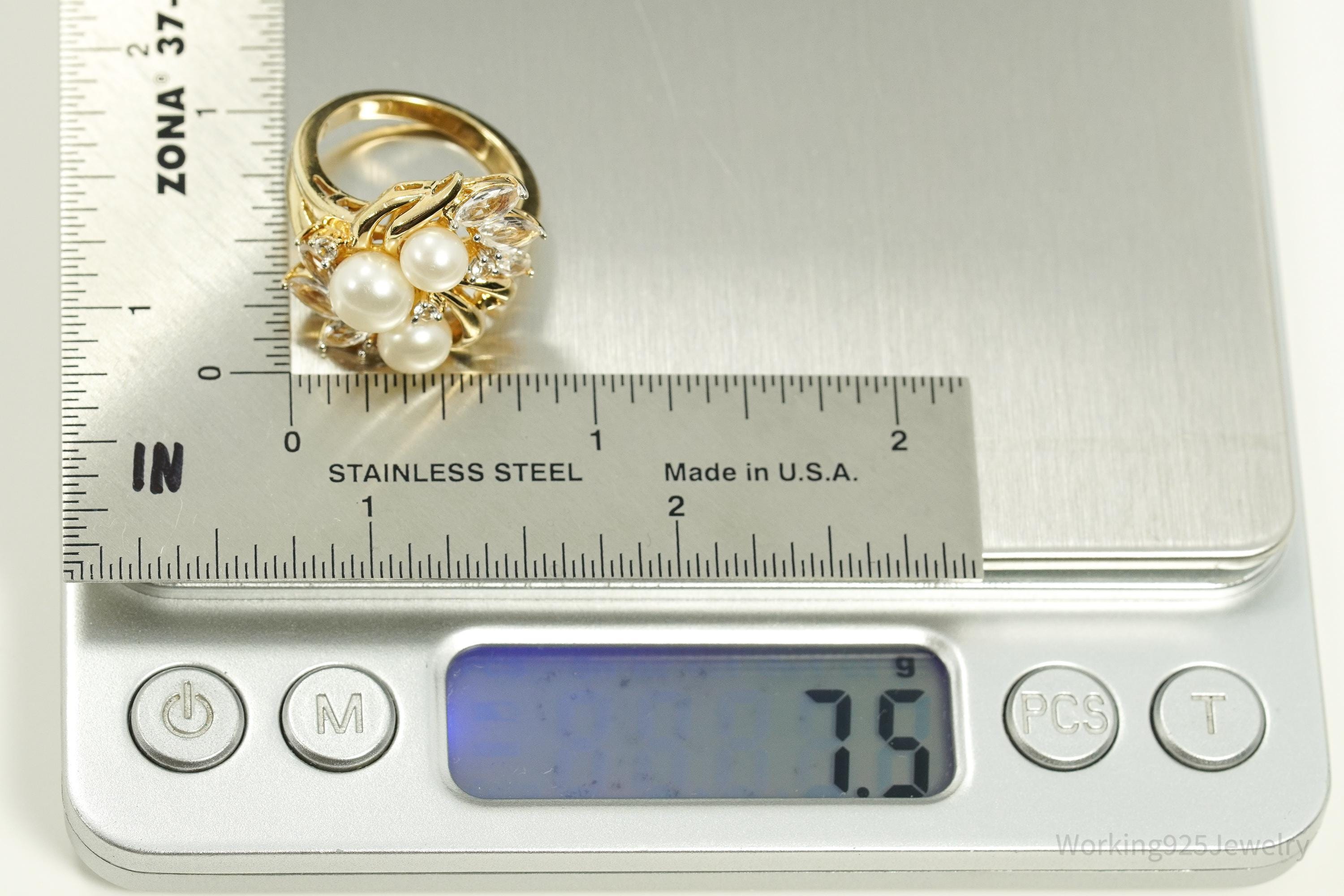 Vintage Pearl & White Sapphire Gold Over Sterling Silver Ring Size 7