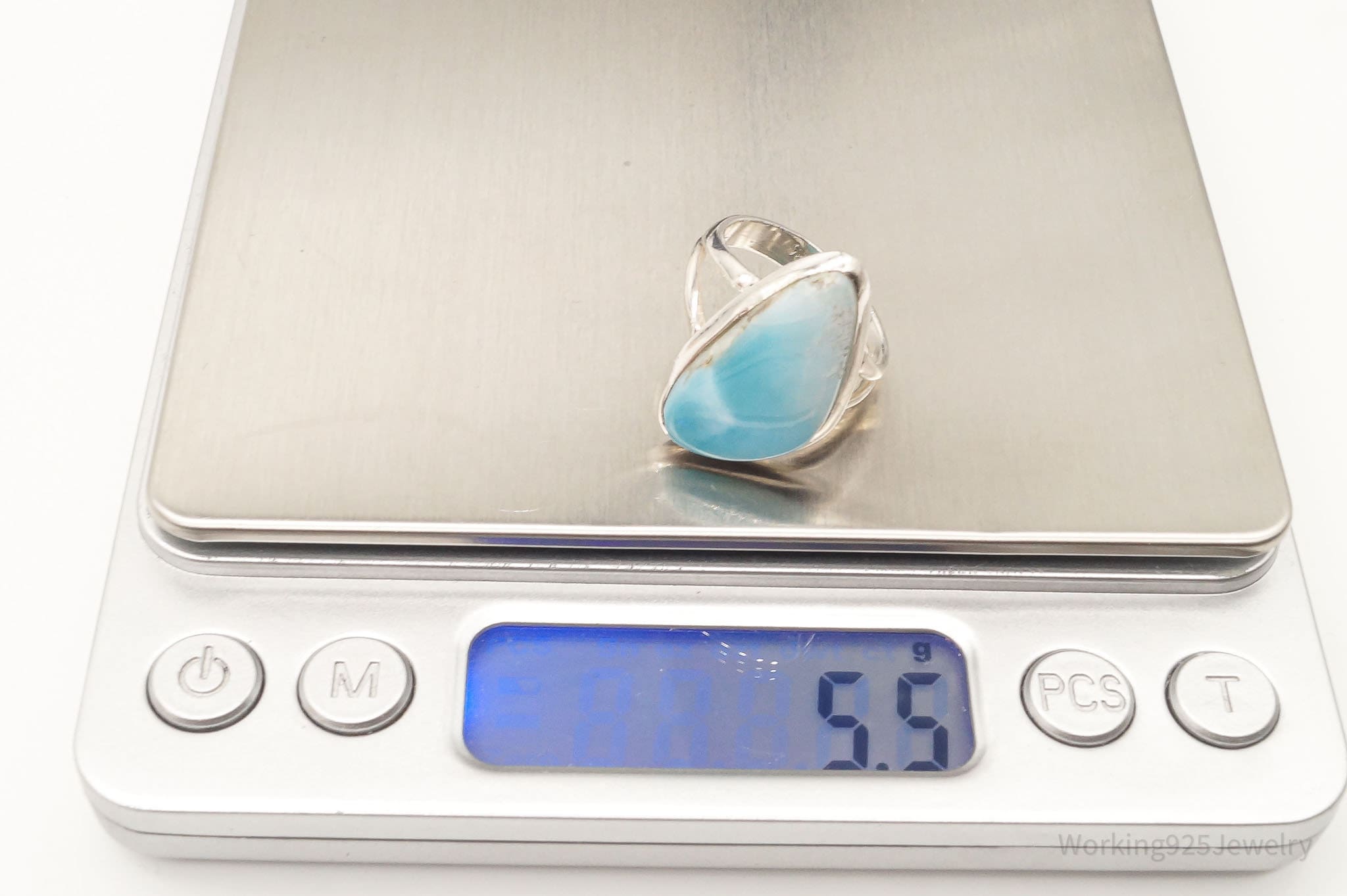 Vintage Large Blue Larimar Sterling Silver Ring - Size 7.5