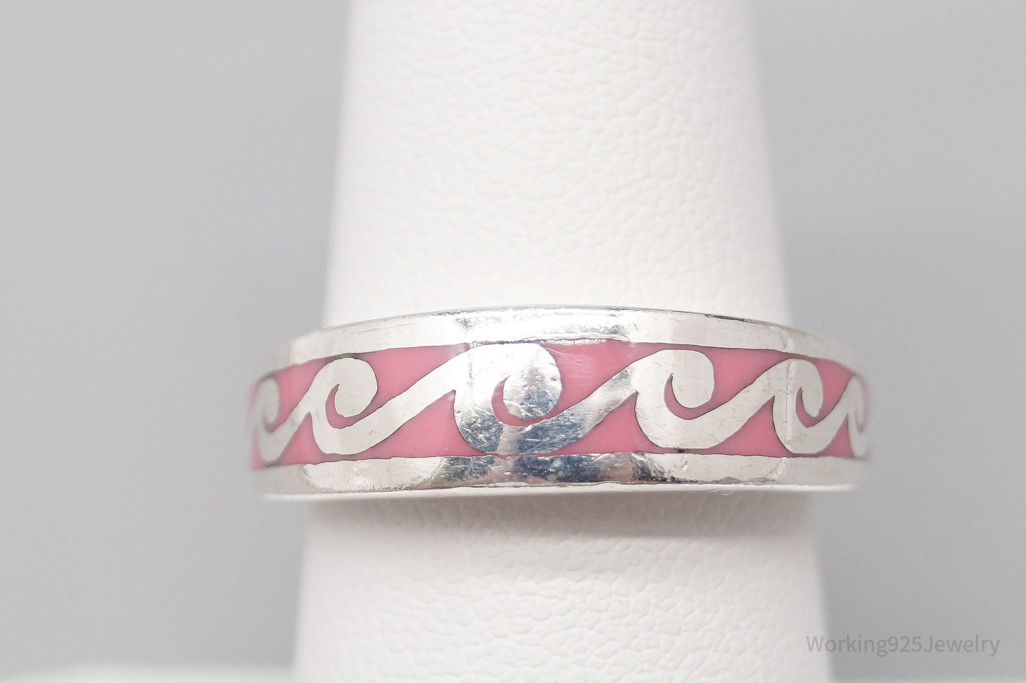 Vintage Scrolls & Swirls Pink Enamel Sterling Silver Band Ring - Size 7.75