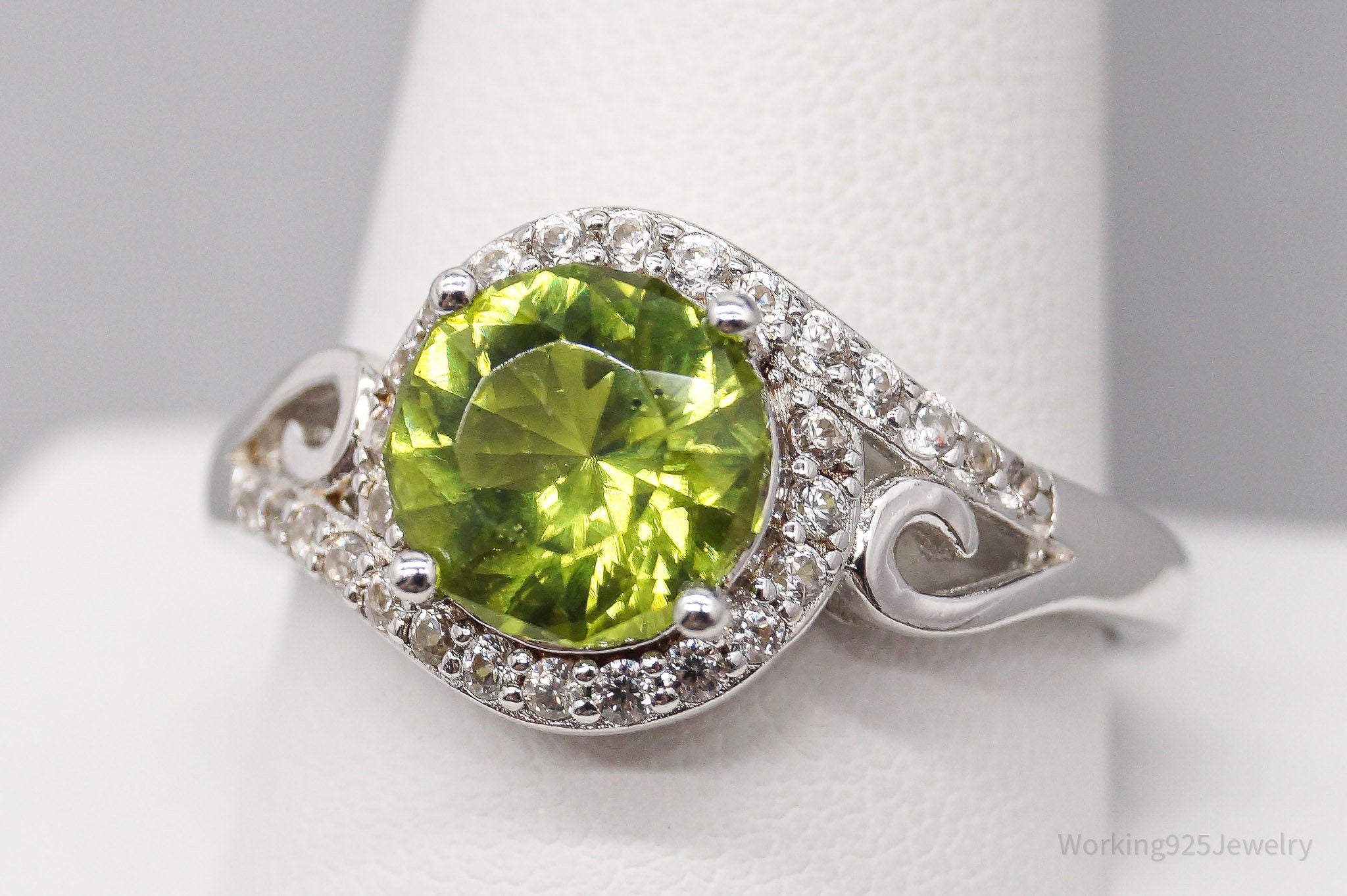 BBJ Manchurian Peridot White Zircon Rhodium Over Sterling Silver Ring - Size 12