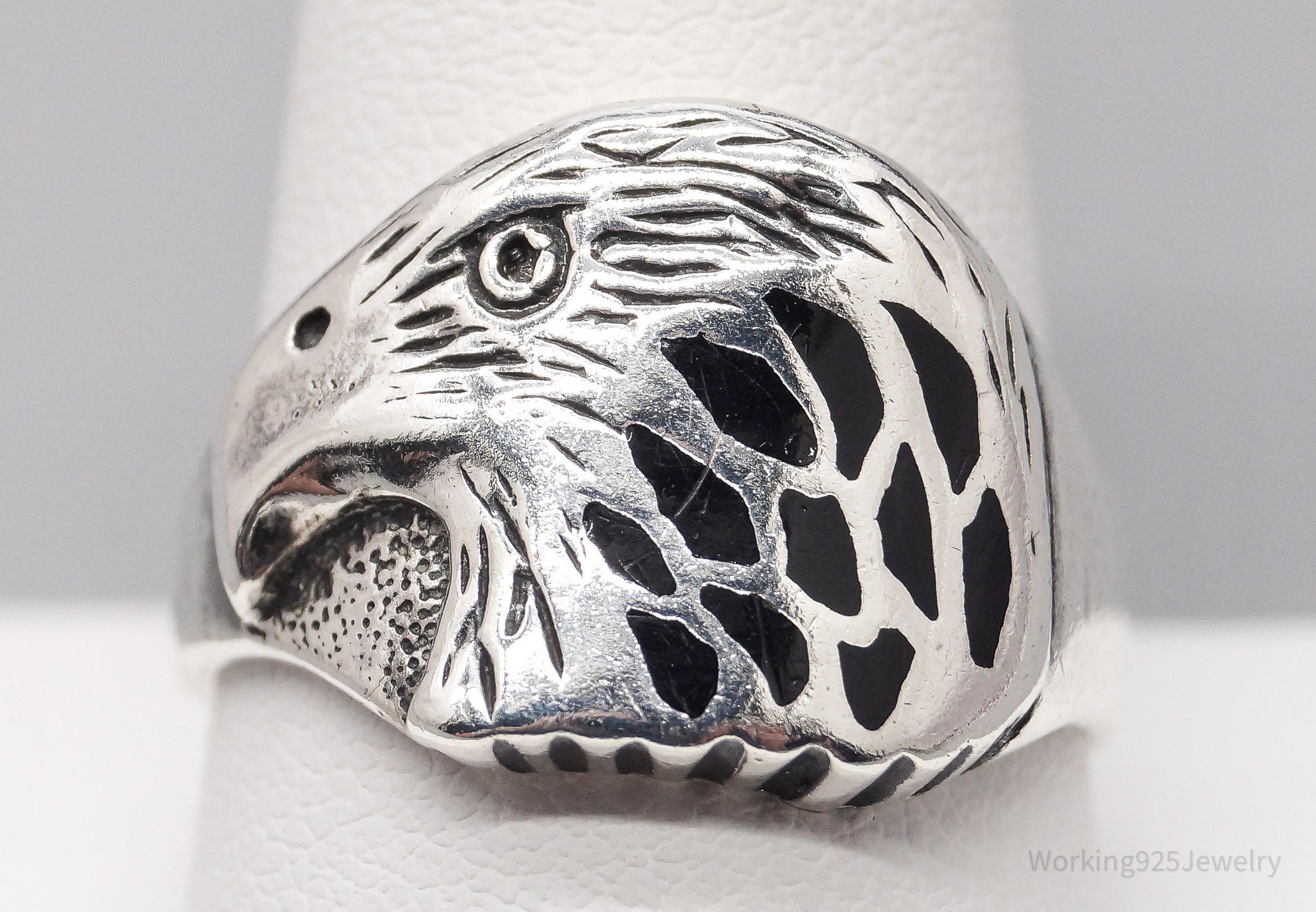 Vintage Native Shop Black Onyx Inlay Eagle Head Sterling Silver Ring - Size 10.75