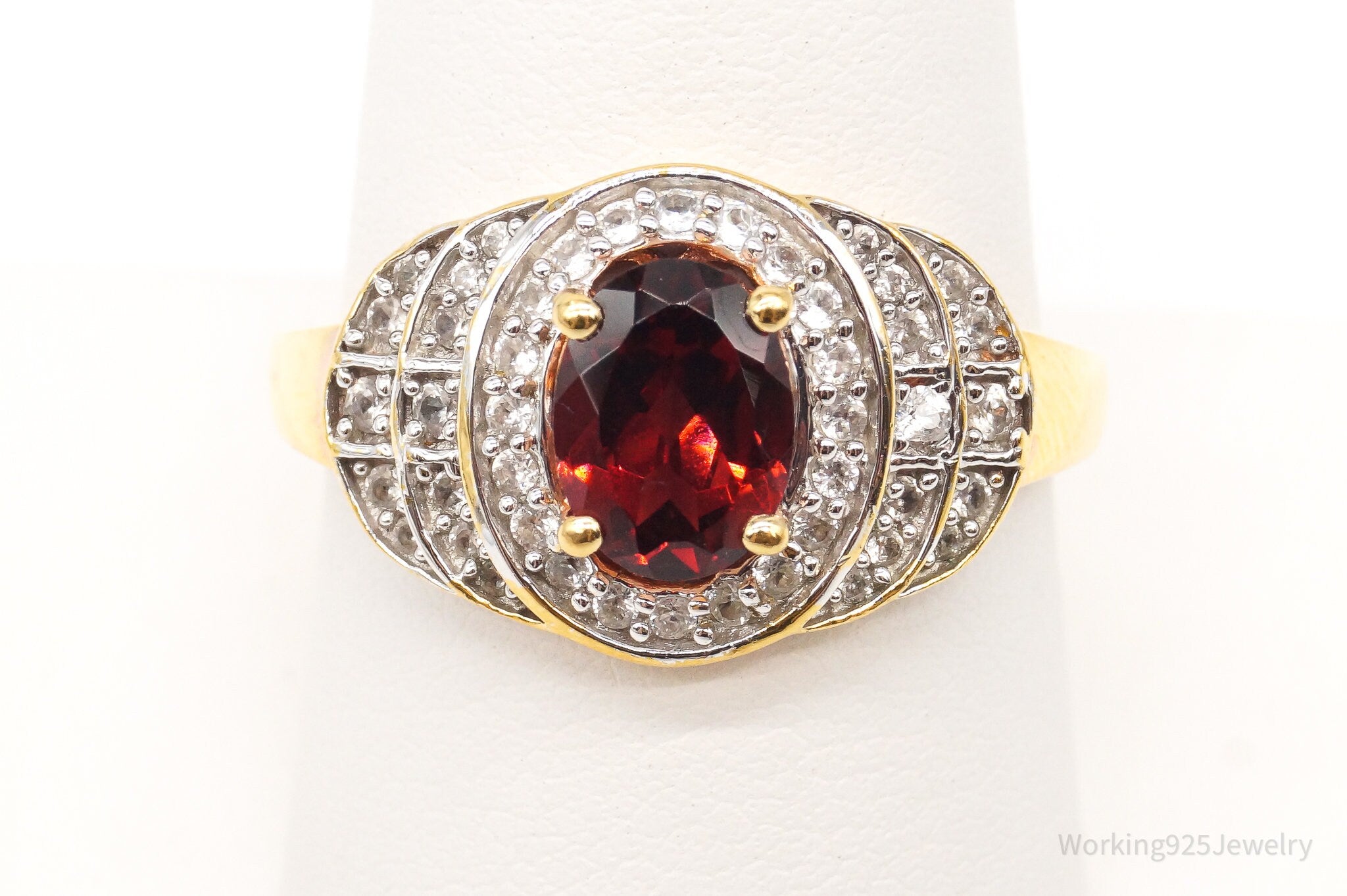 Vtg Designer Garnet CZ Gold Vermeil Sterl Sil Ring - Sz9.25