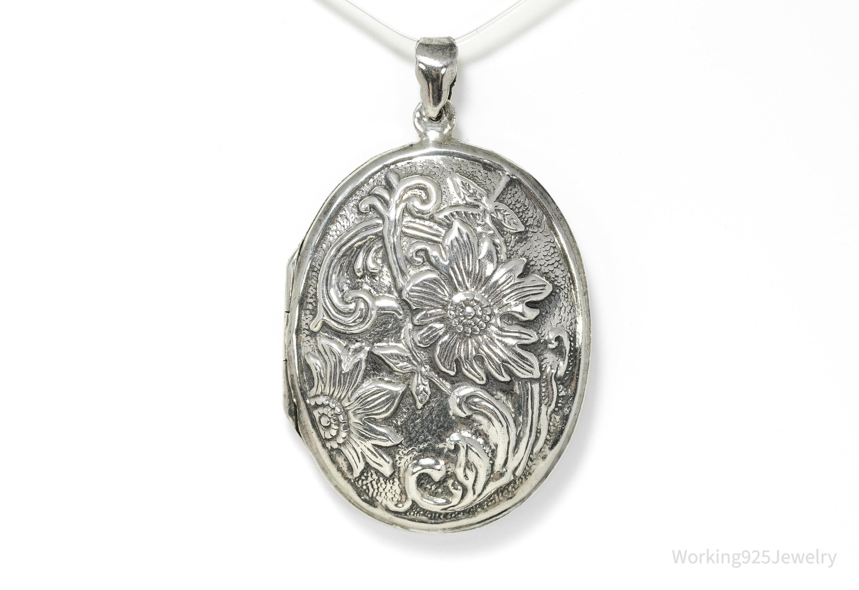 Vintage Sterling Silver Locket • Large Floral Repoussé Oval Photo Pendant