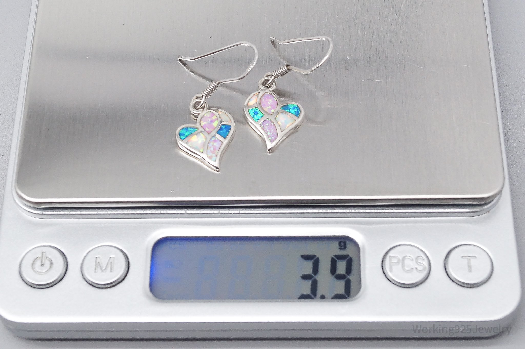 Vintage Opal Inlay Hearts Sterling Silver Earrings