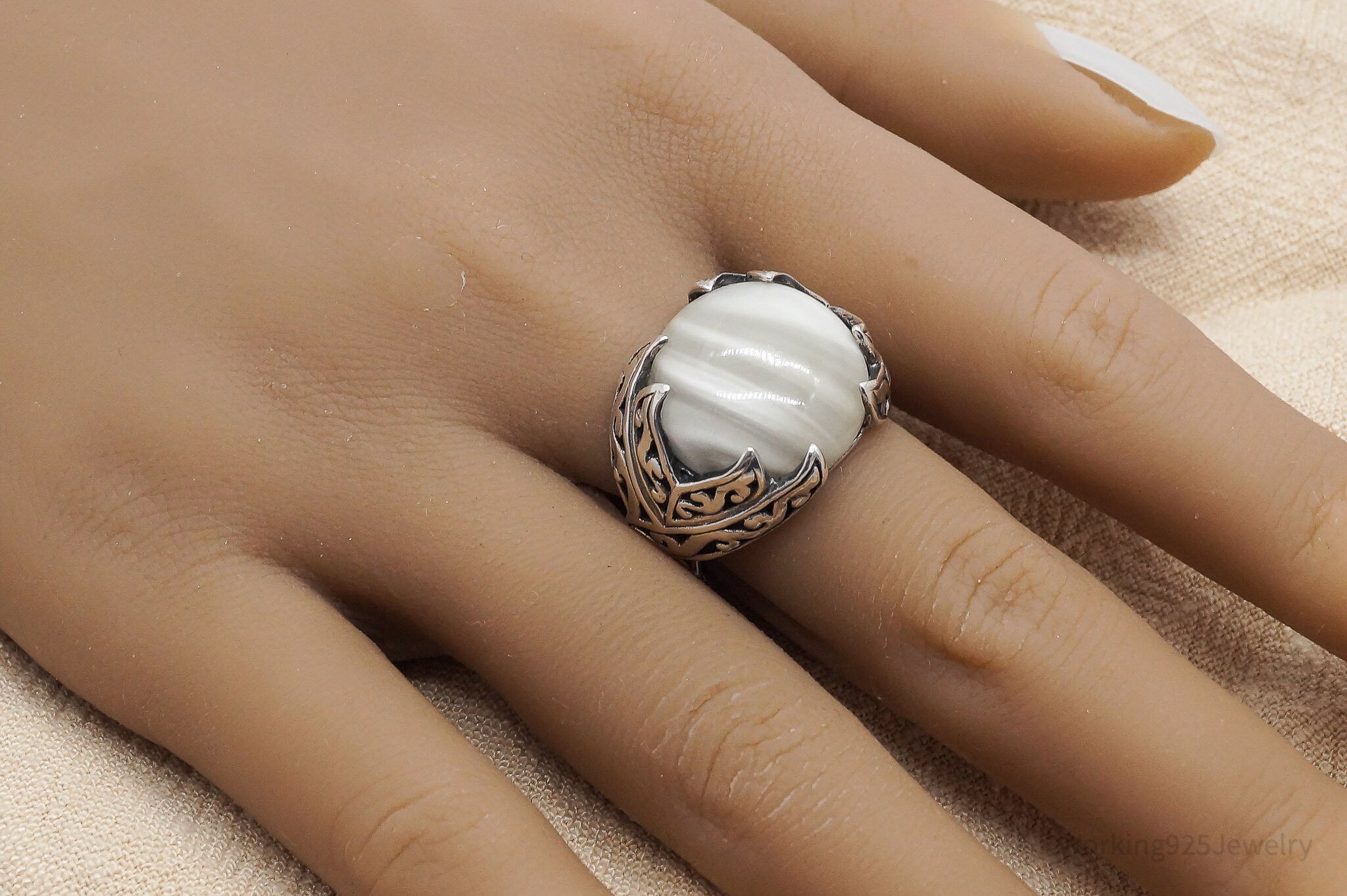 Vintage Faux White Striped Stone Sterling Silver Ring - Size 9