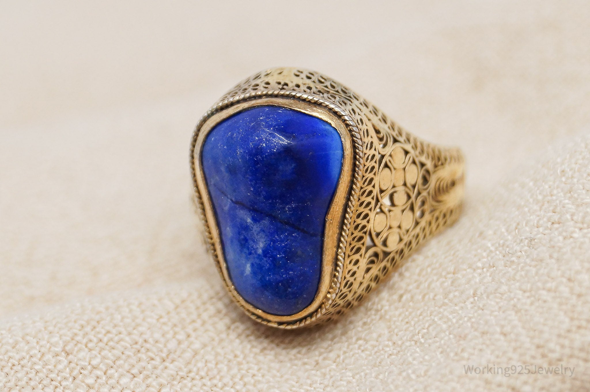 Antique Vintage Lapis Lazuli Ornate Gold Plated Silver Ring - Size 5.5 Adjustable