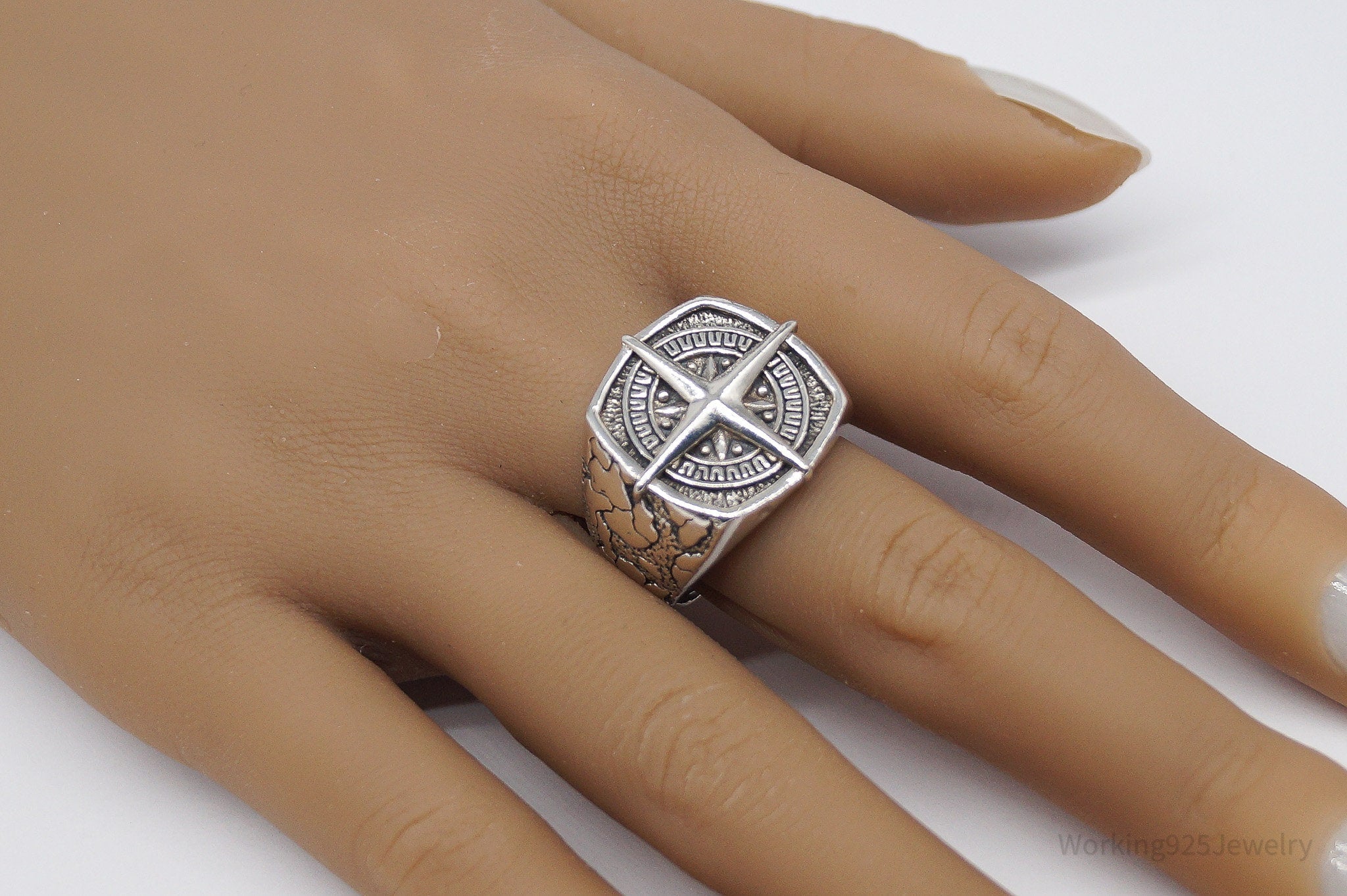 Vintage Nautical Style Compass Sterling Silver Ring - Size 11