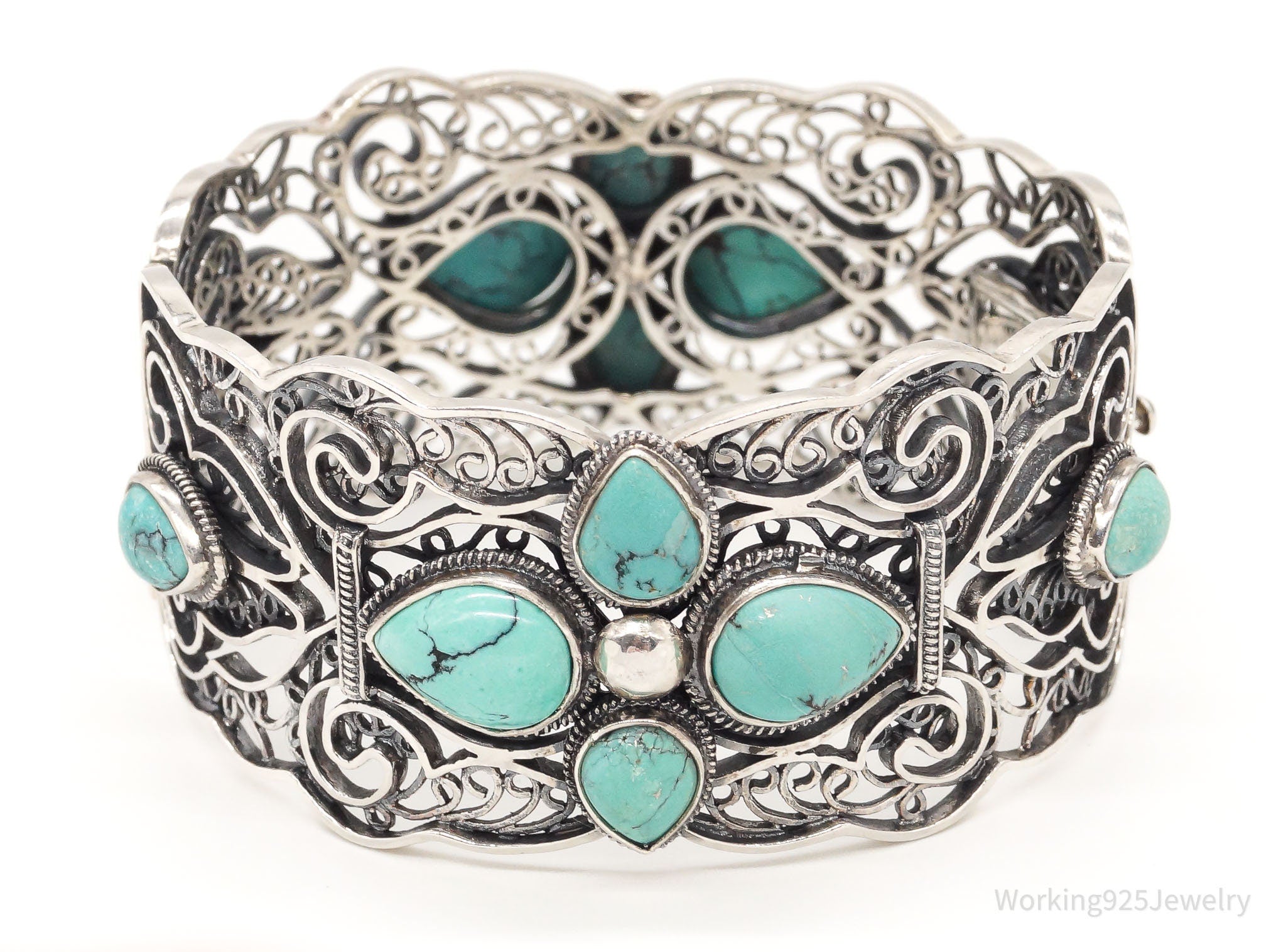 Vintage Chinese Designer BJ Turquoise Filigree Sterling Silver Cuff Bracelet