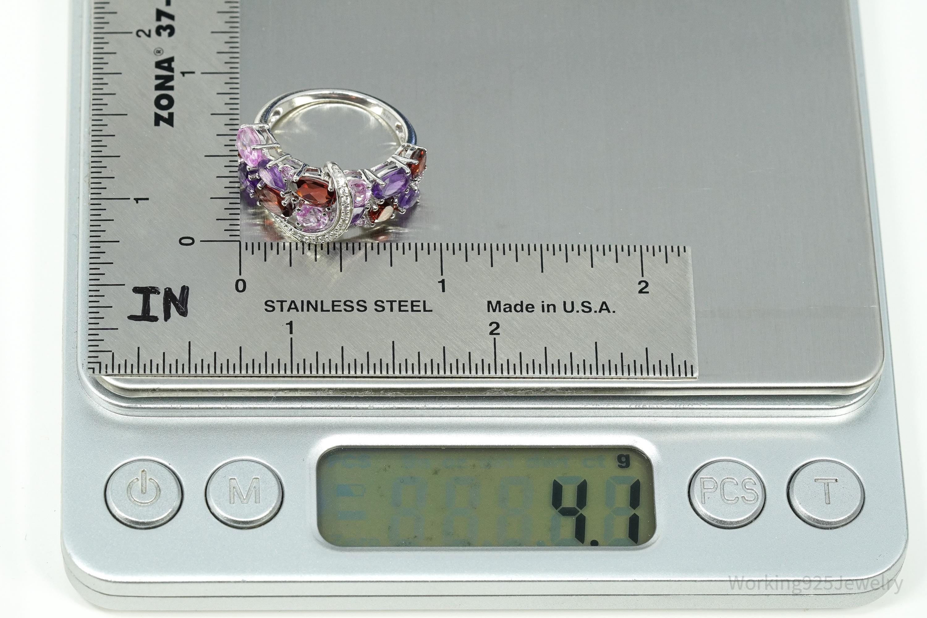 Multi-Shape Garnet, Amethyst, Pink & White Sapphire Sterling Silver Ring Size 7