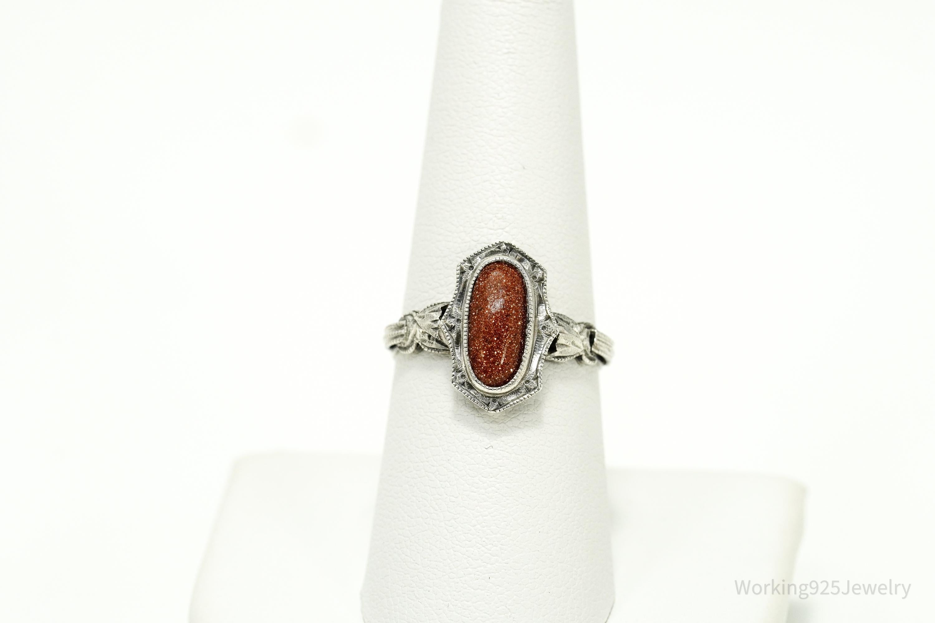Antique Goldstone Ornate Silver Ring Size 8