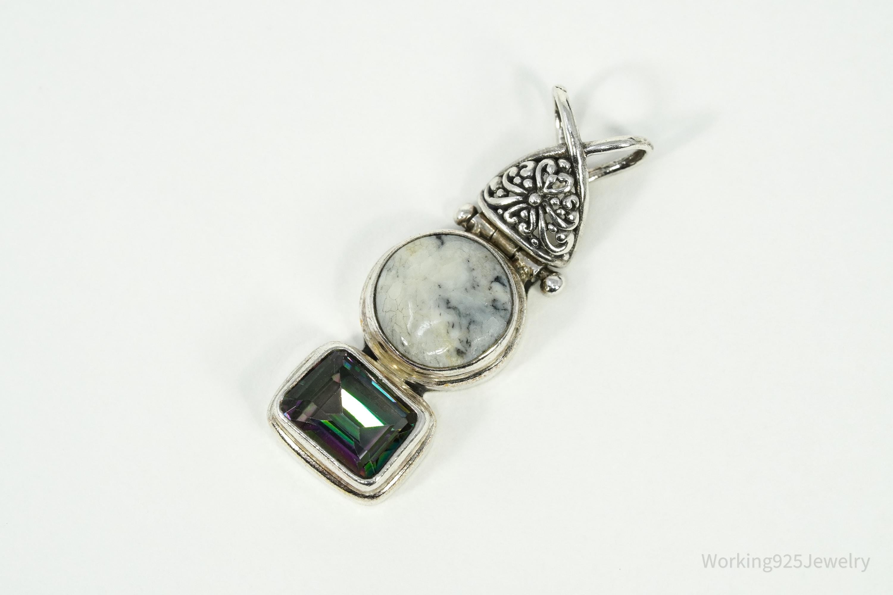 Vintage Bali Designer SARDA Mystic Topaz & Granite Sterling Silver Pendant 1 3/8"