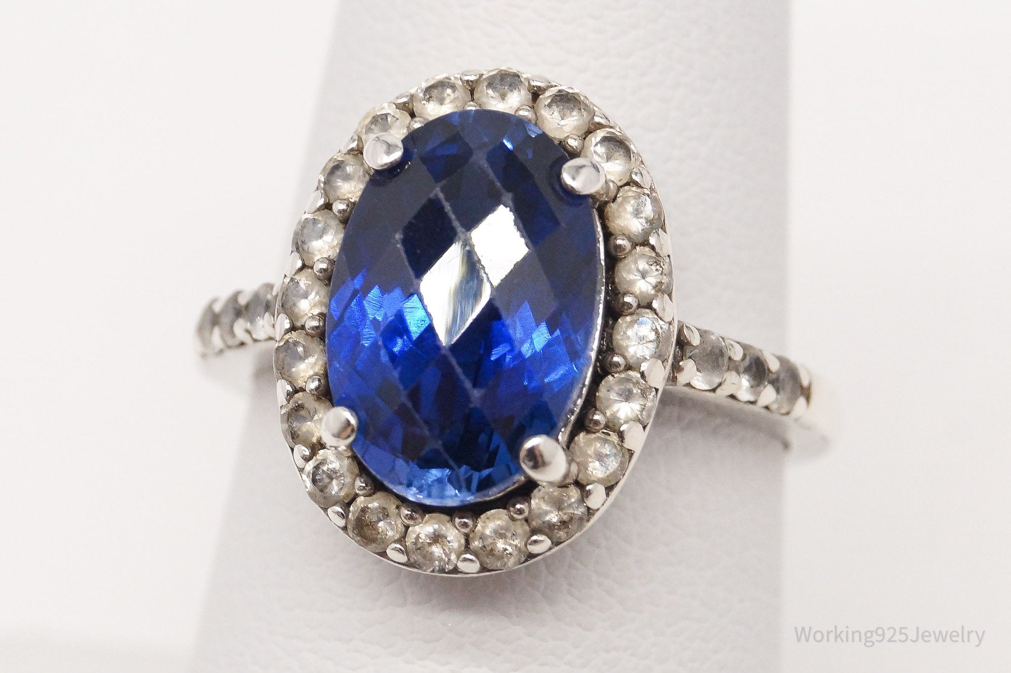 Vintage Blue & White Lab Sapphire Sterling Silver Ring - Size 7.5