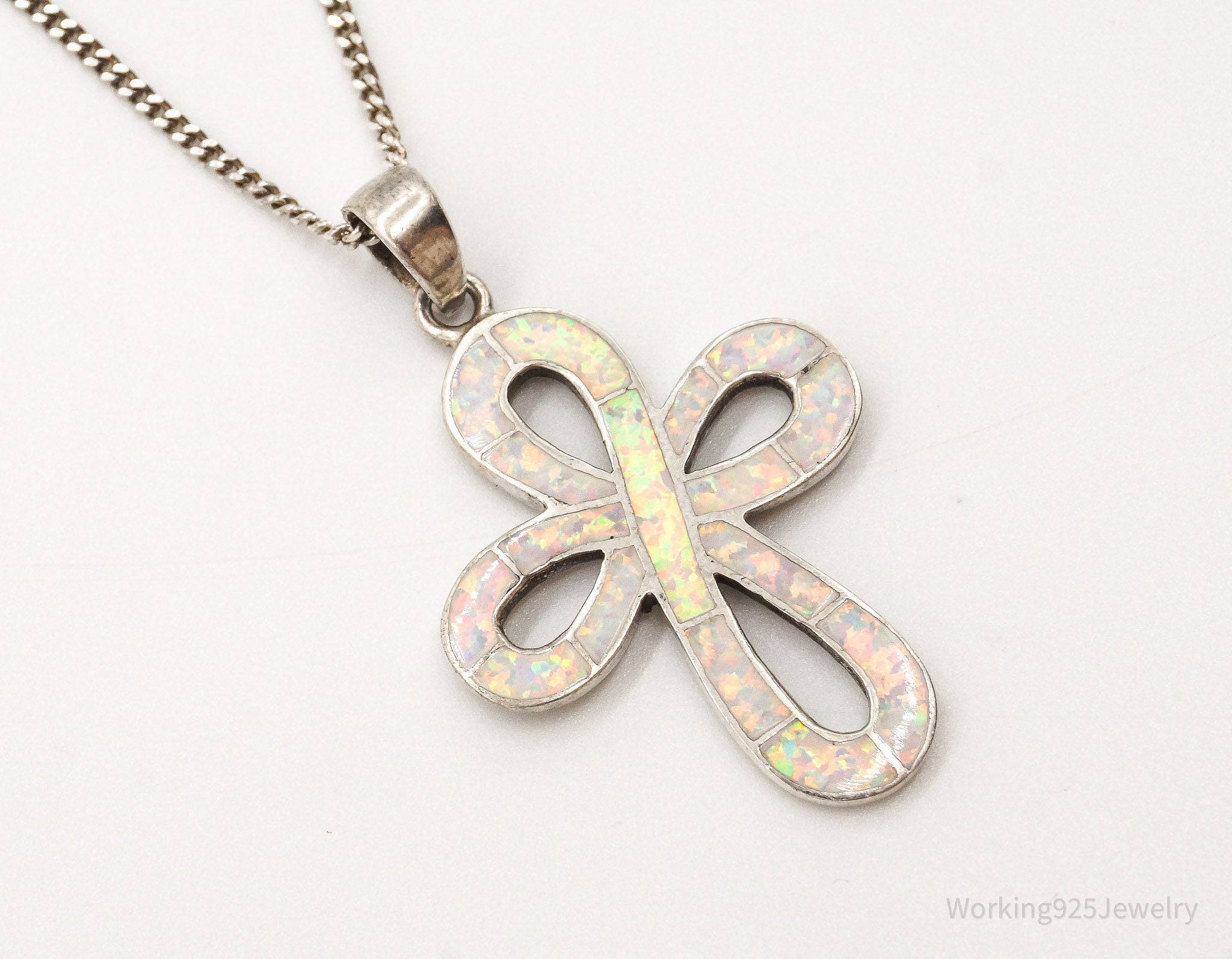 Vintage Opal Inlay Sterling Silver Cross Necklace