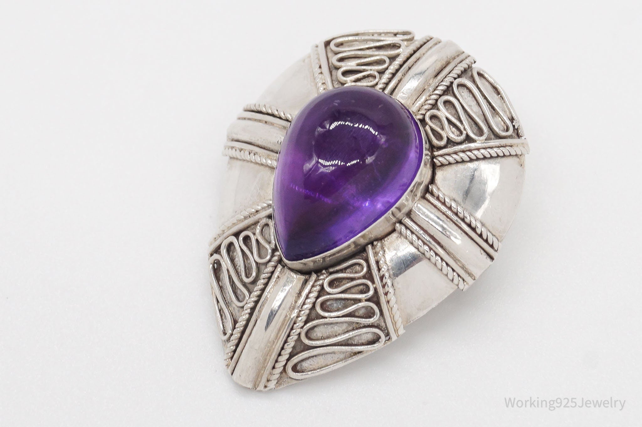 Vintage Amethyst Bali Style Sterling Silver Brooch Pin Pendant