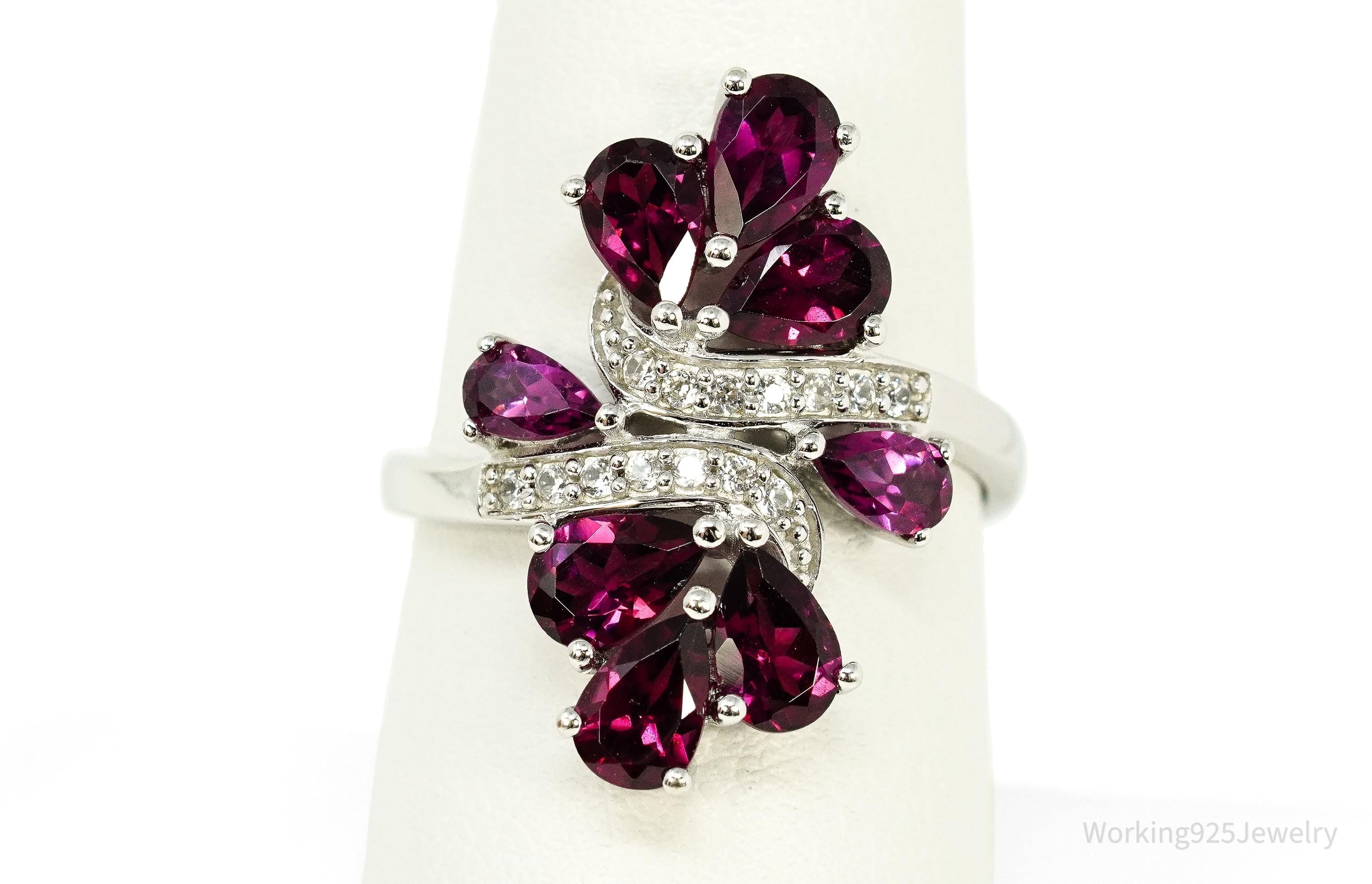 Rhodolite Garnet & White Zircon Sterling Silver Ring - Size 8.25
