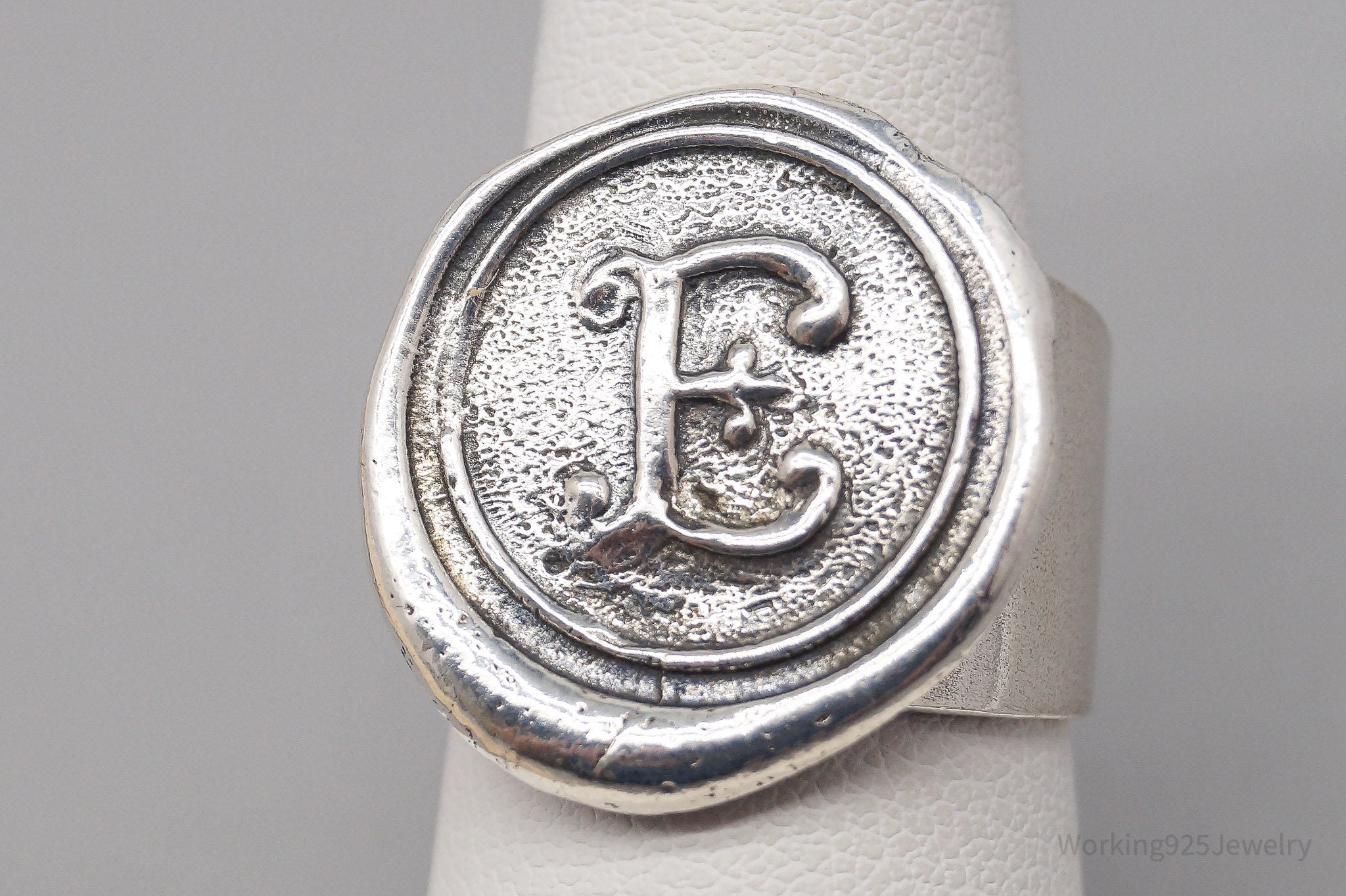 Vintage E Initial Wax Seal Sterling Silver Ring - Size 7.25