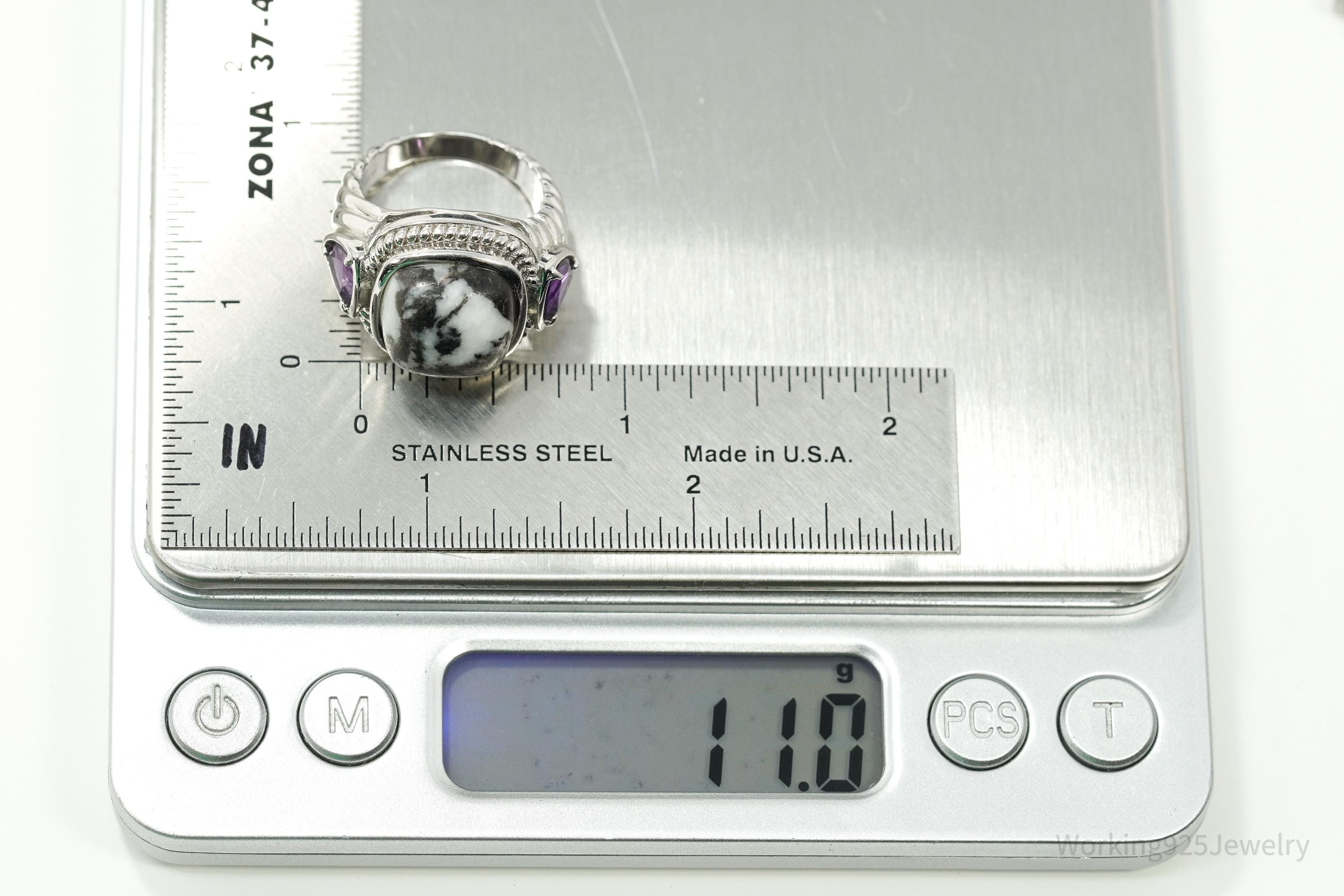 Vintage Black & White Gemstone Amethyst Sterling Silver Ring – Size 7