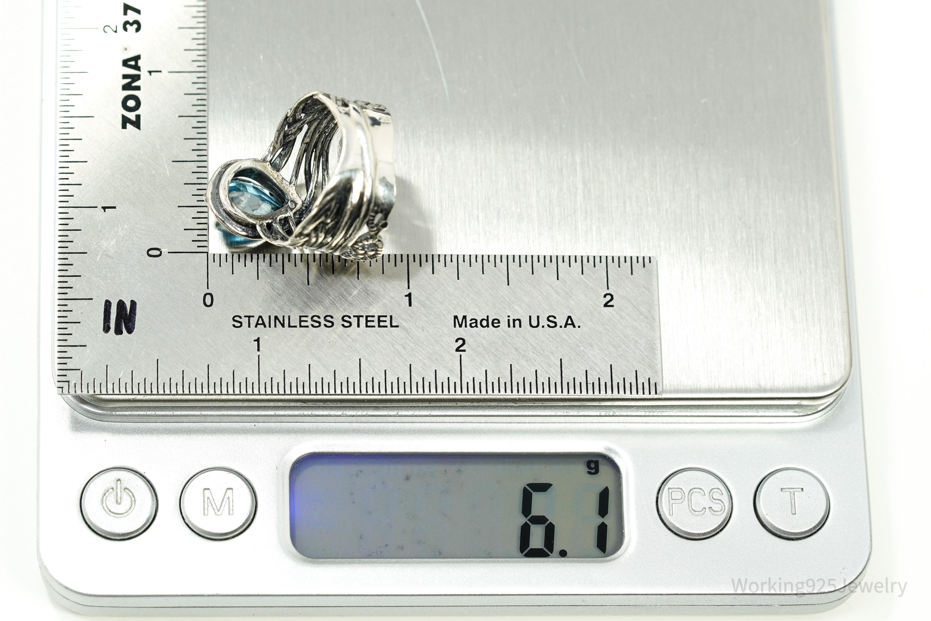 Vintage Israel Designer Paz PZ Blue Topaz Sterling Silver Ring - Size 7.5