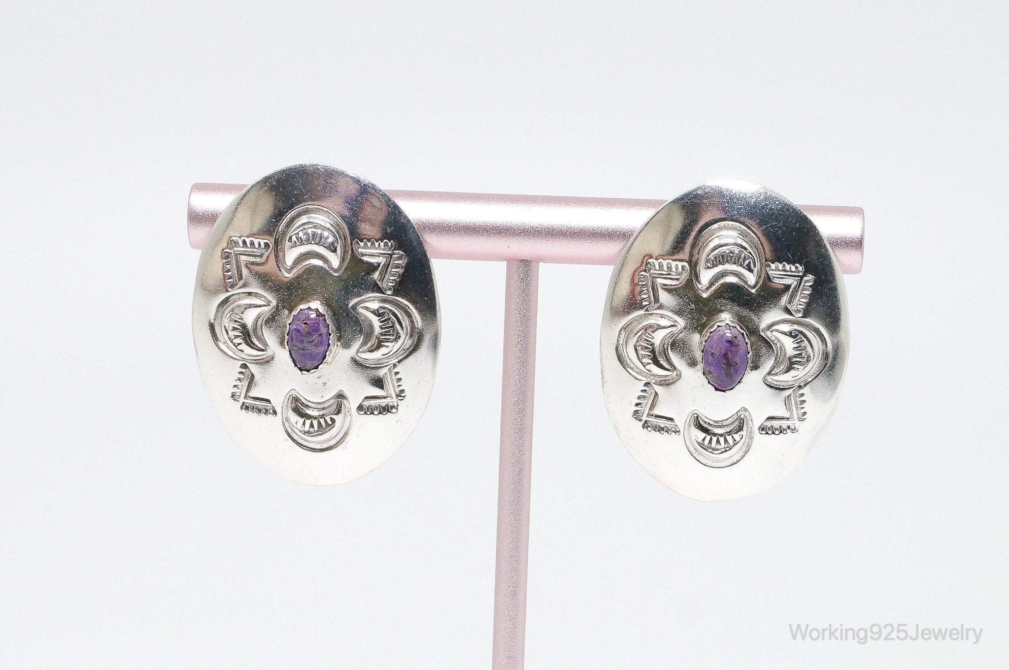 Vintage Native American Handmade Charoite Sterling Silver Earrings