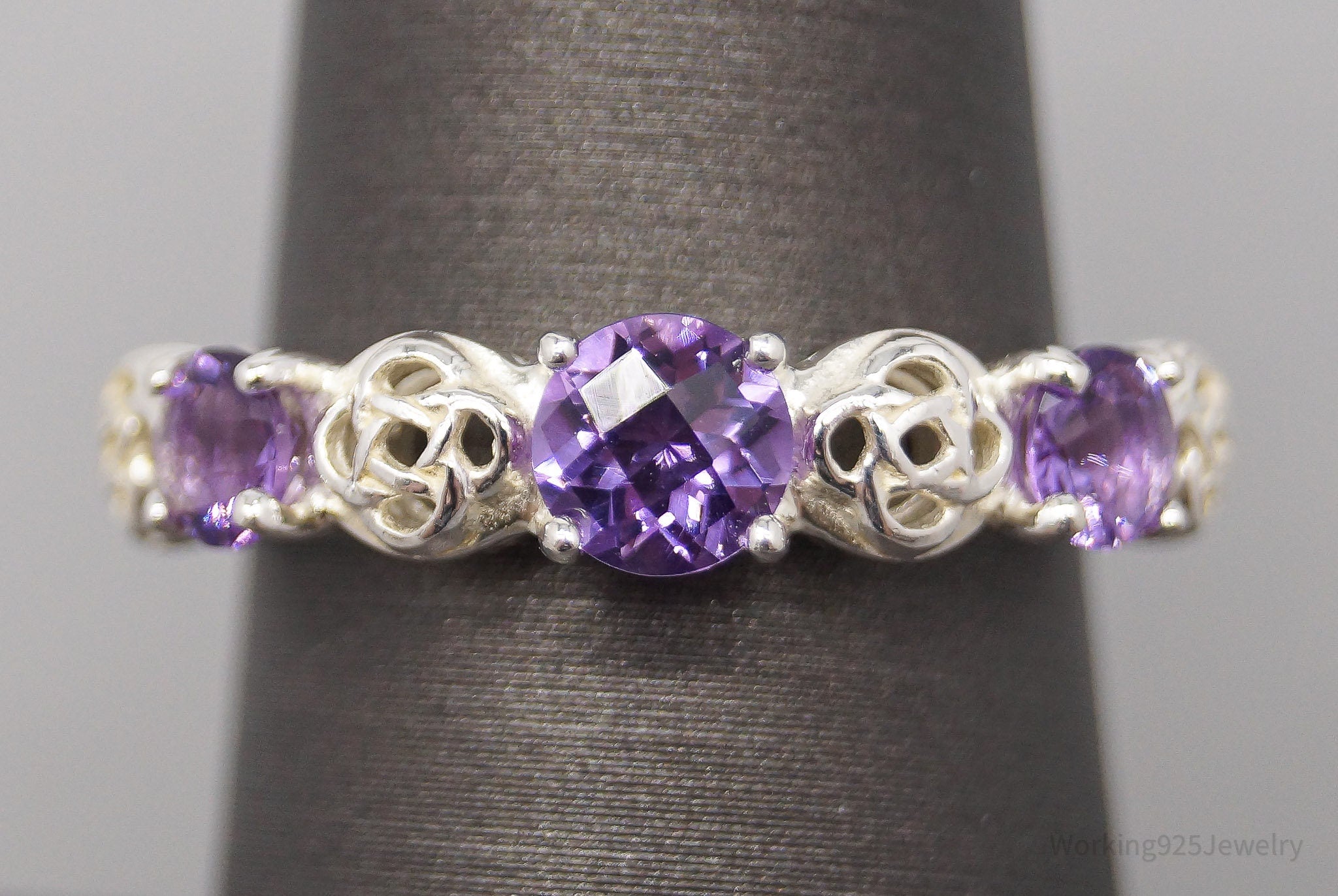 Vintage Ireland JMH Amethyst Sterling Silver Celtic Ring - Size 7