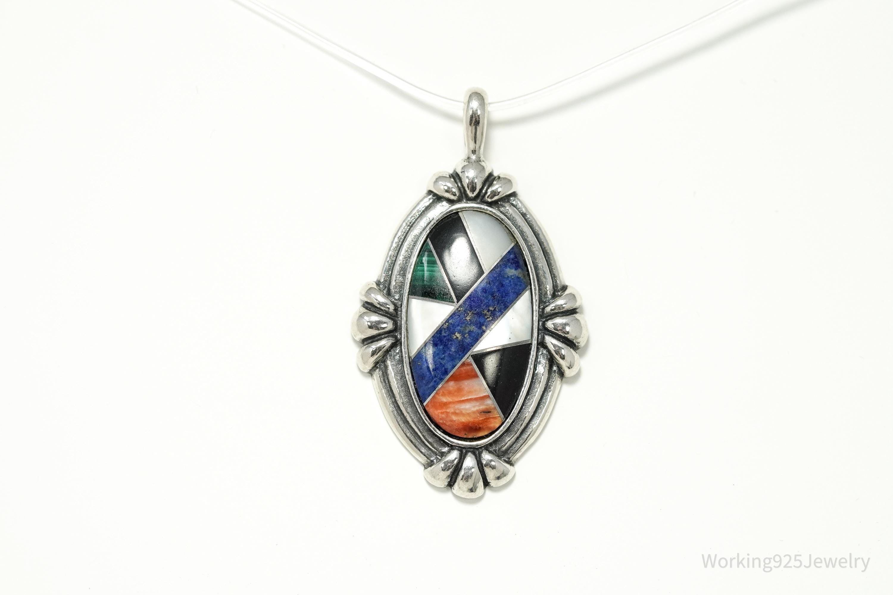 Vintage Designer Carolyn Pollack Multi Gemstone Inlay Sterling Silver Pendant