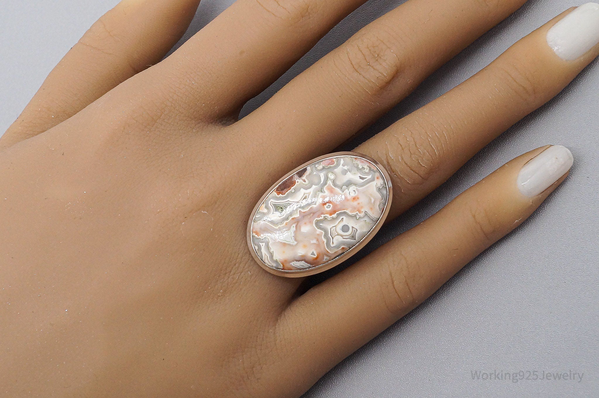 Vintage Large Crazy Lace Agate Sterling Silver Ring - Size 7.75