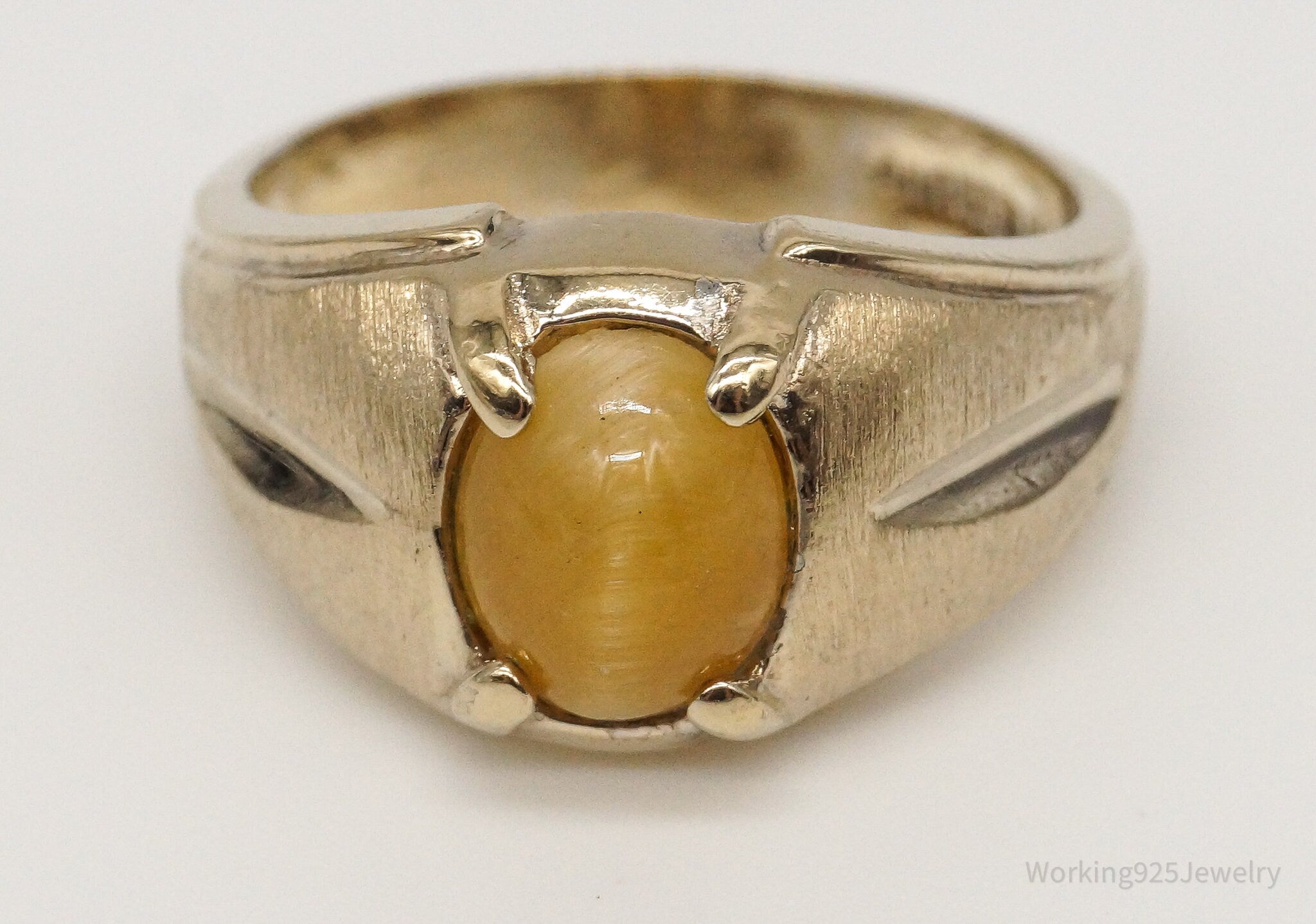 Vintage Yellow Cat's Eye Apatite Gold Vermeil Sterling Silver Ring Size 7.75