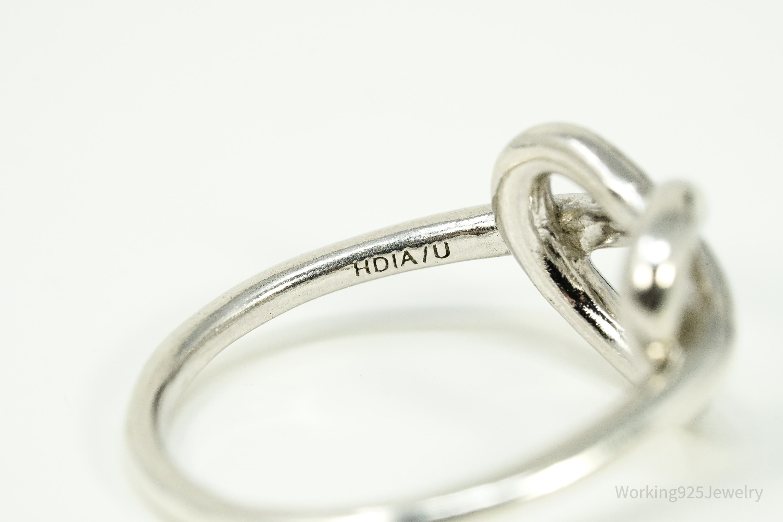 Vintage HDIA Single Diamond Heart Knot Sterling Silver Ring - Size 7.5