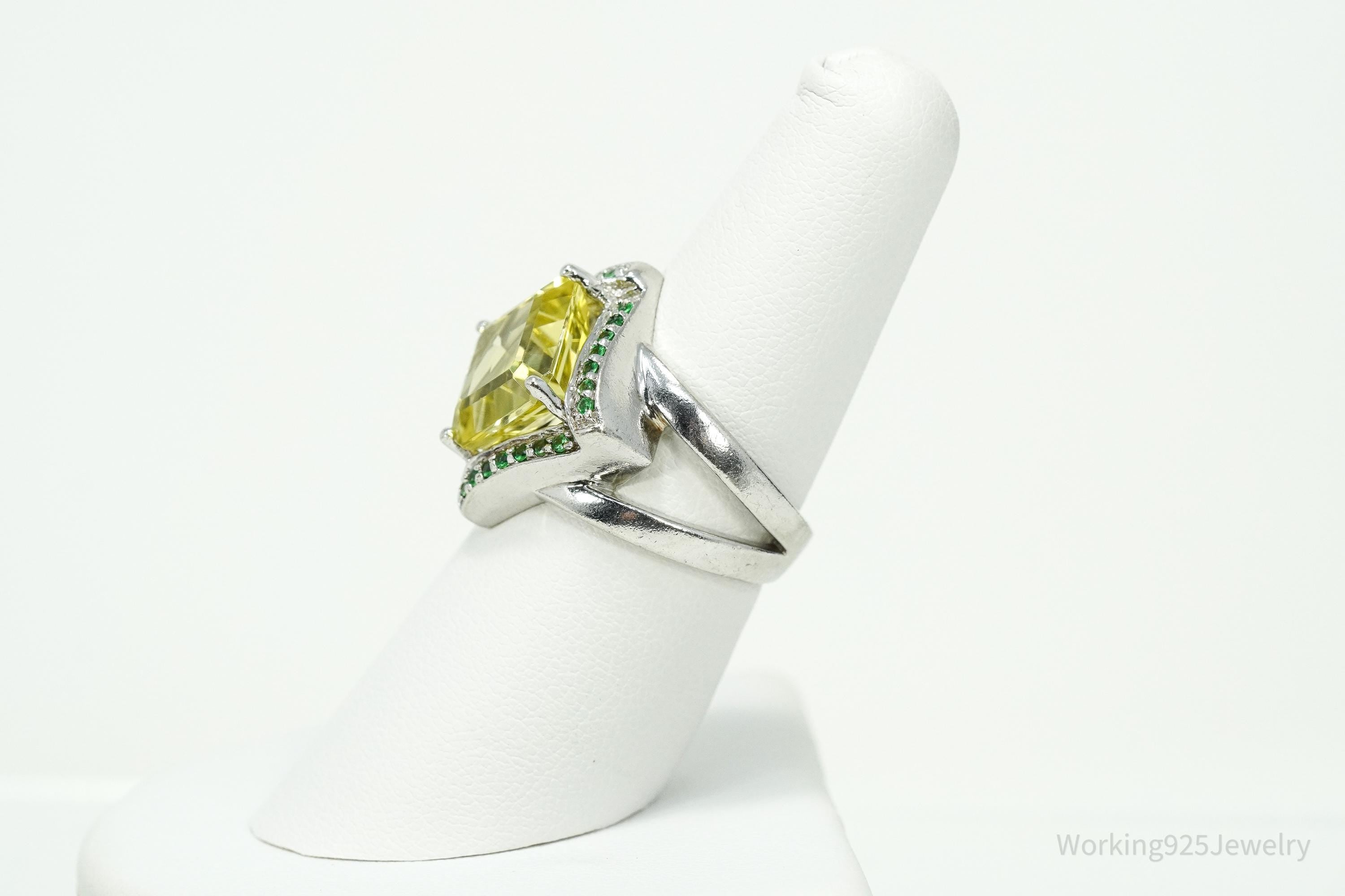 Vintage Lemon Citrine & Emerald Sterling Silver Ring Size 7