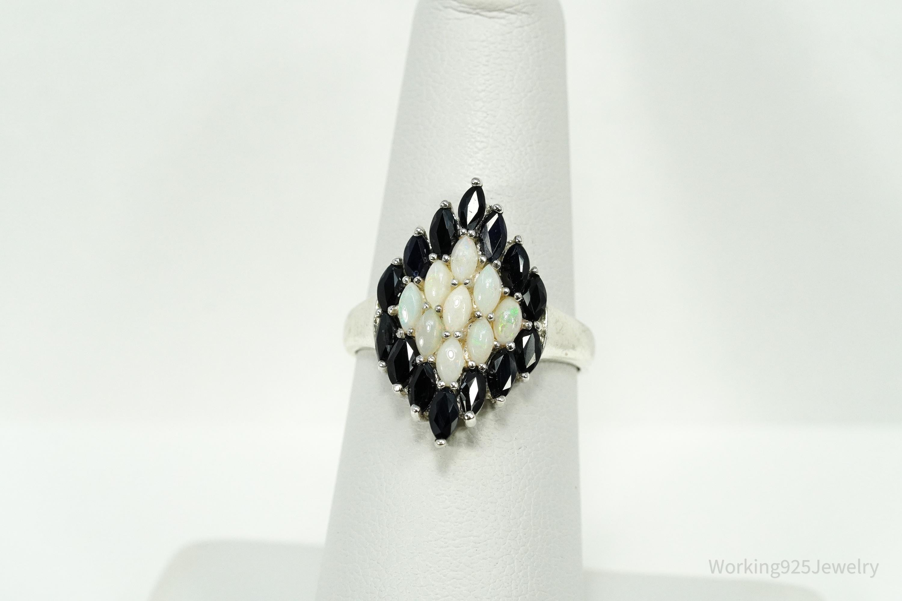 Vintage Opal & Blue Sapphire Sterling Silver Ring - Size 7