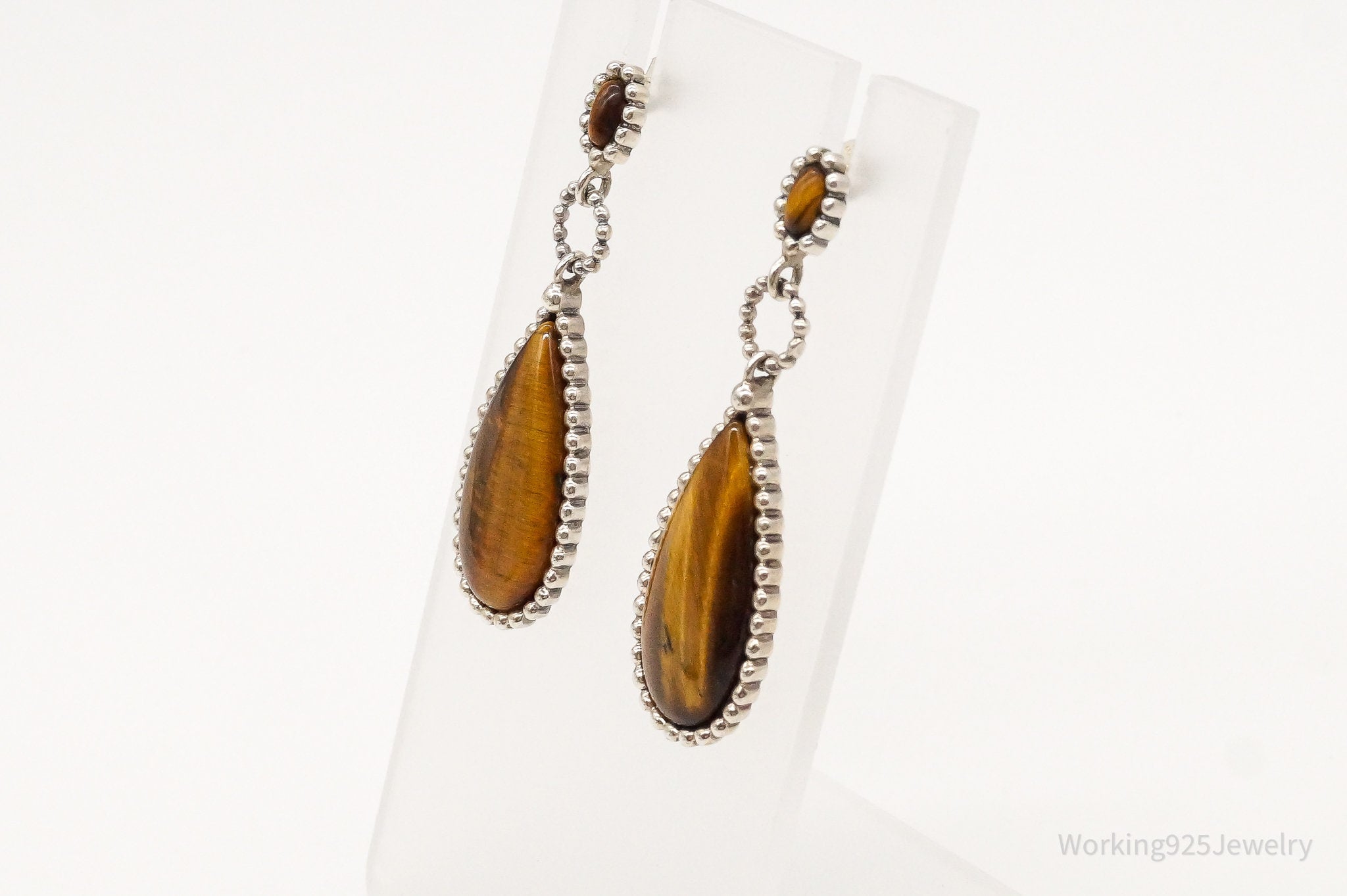 Vintage Tigers Eye Beaded Design Sterling Silver Earrings