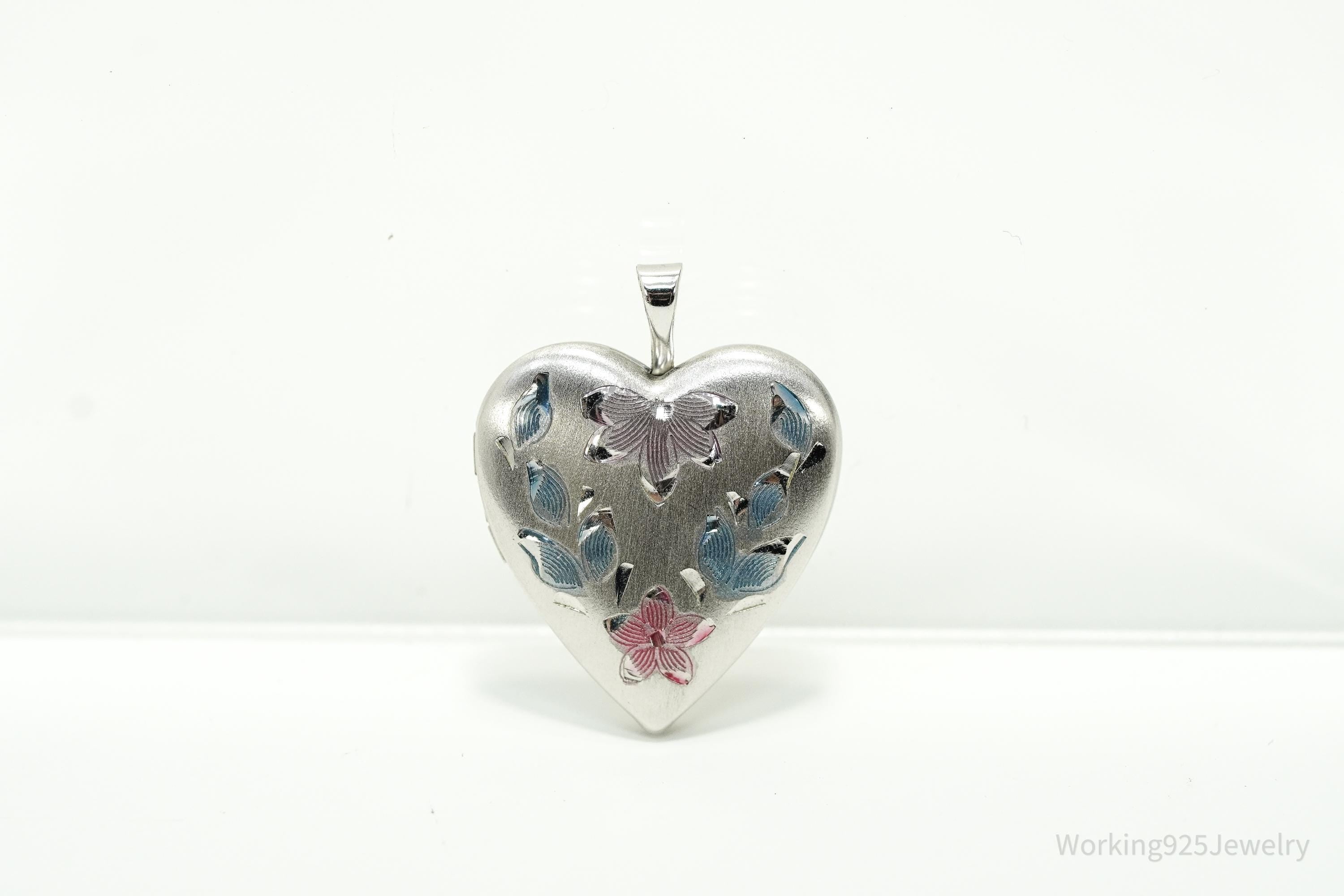 Vintage Etched Enamel Floral Heart Picture Locket Silver Pendant