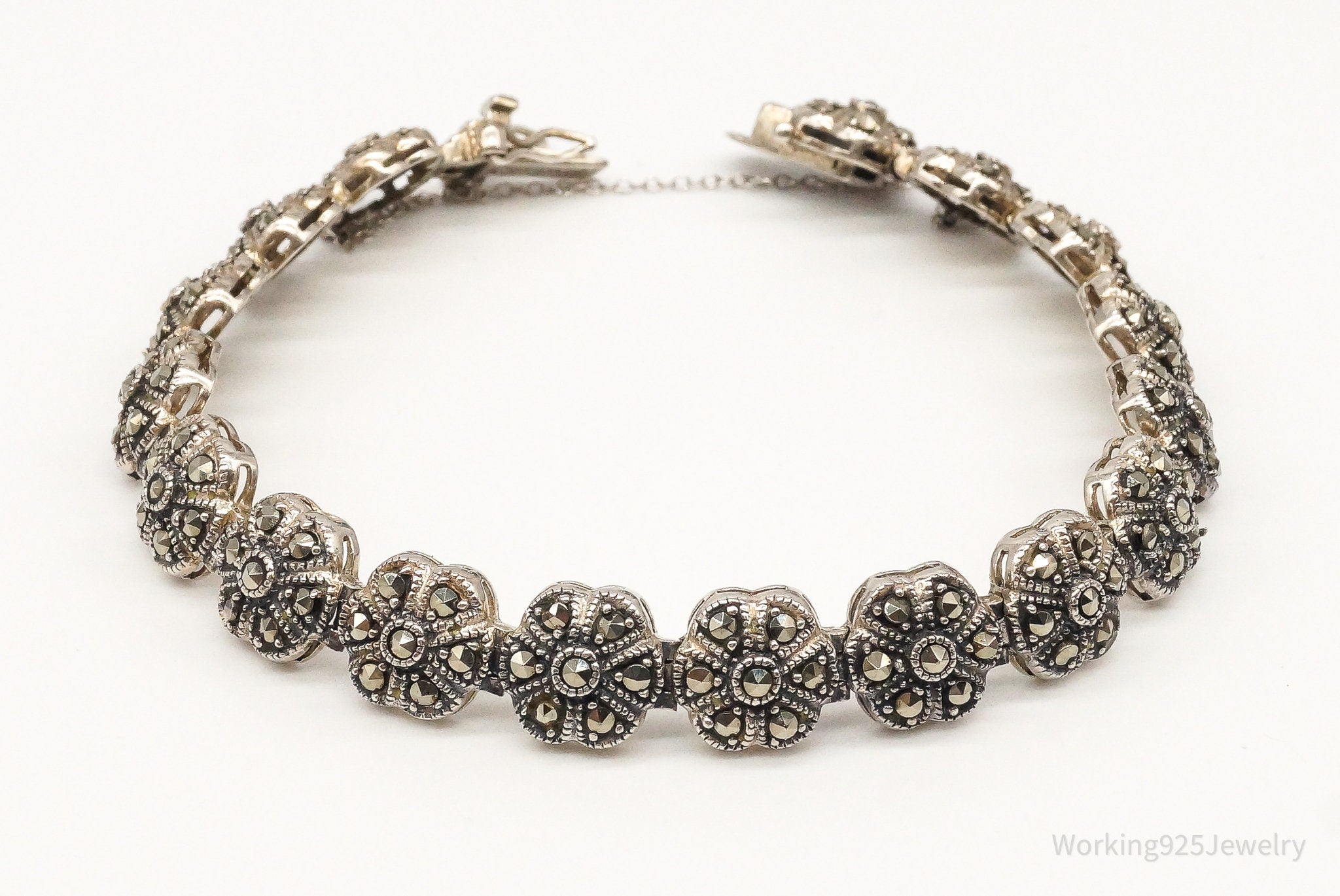 Vintage Marcasite Flowers Sterling Silver Bracelet