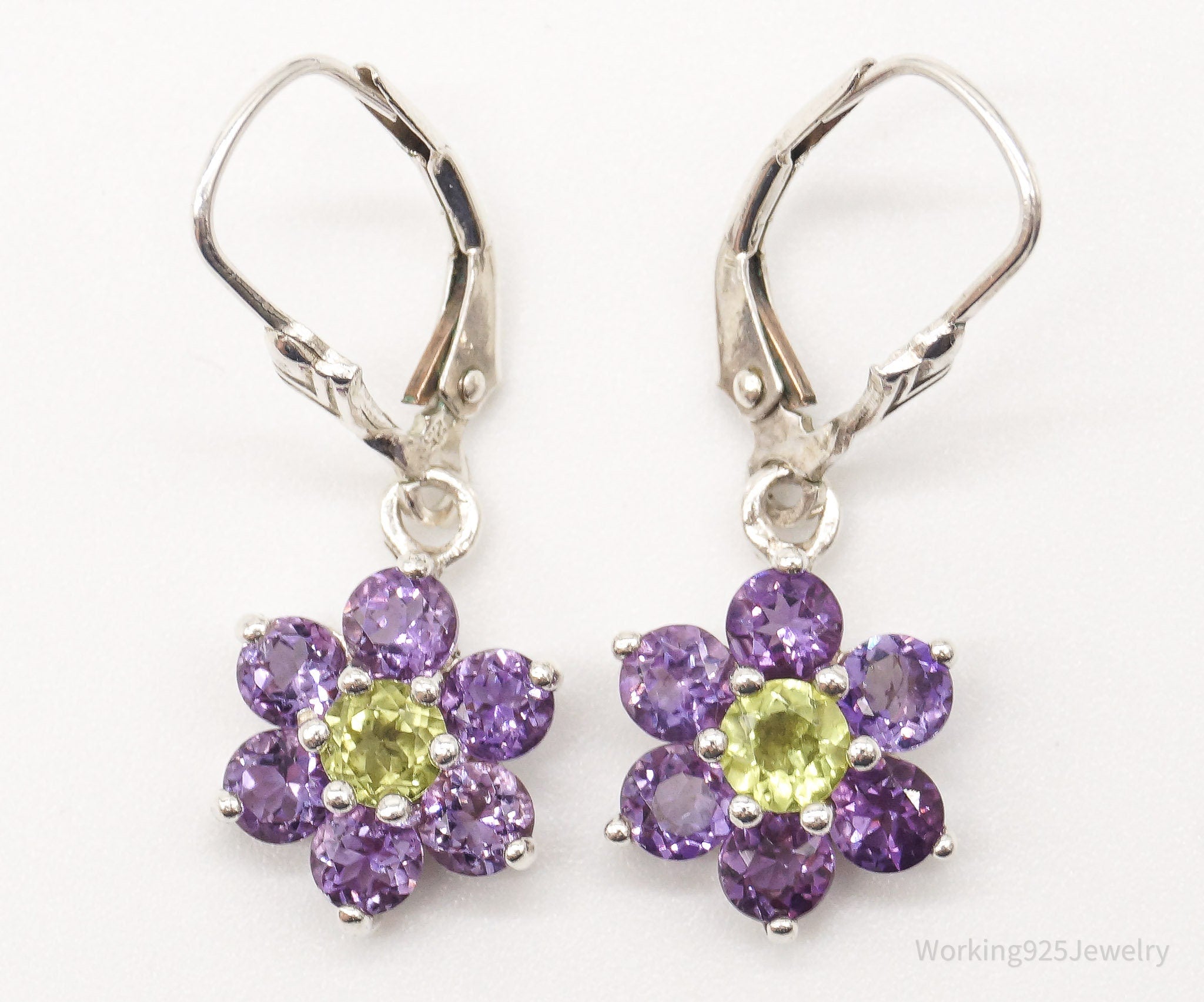 Vintage Peridot Amethyst Flowers Sterling Silver Earrings