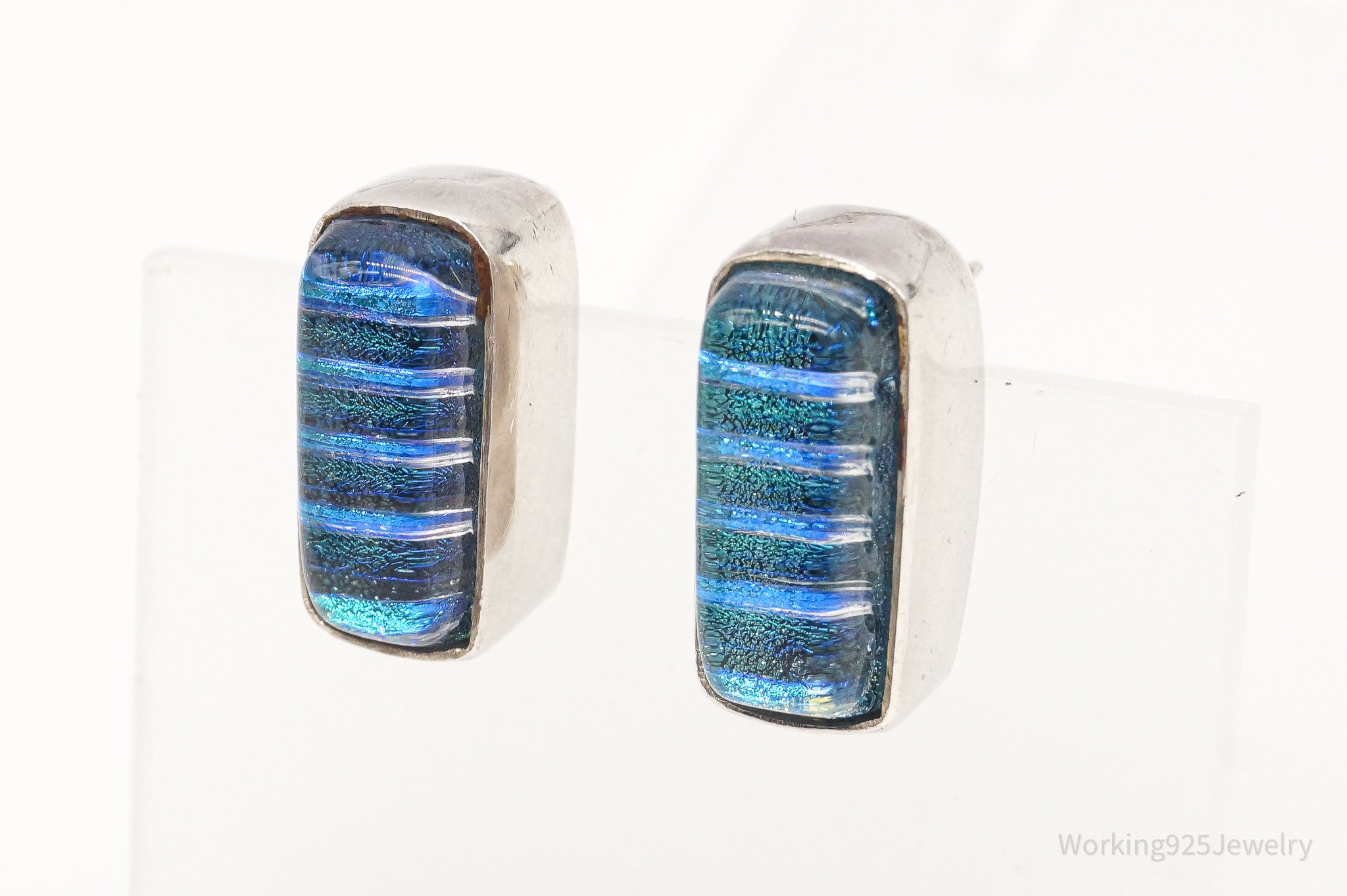 Vintage Modernist Blue Dichroic Glass Sterling Silver Earrings