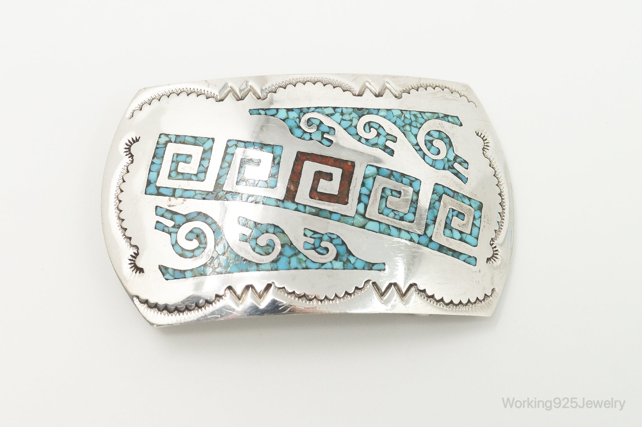 Vintage Native American J / L Turquoise Coral Sterling Silver Belt Buckle