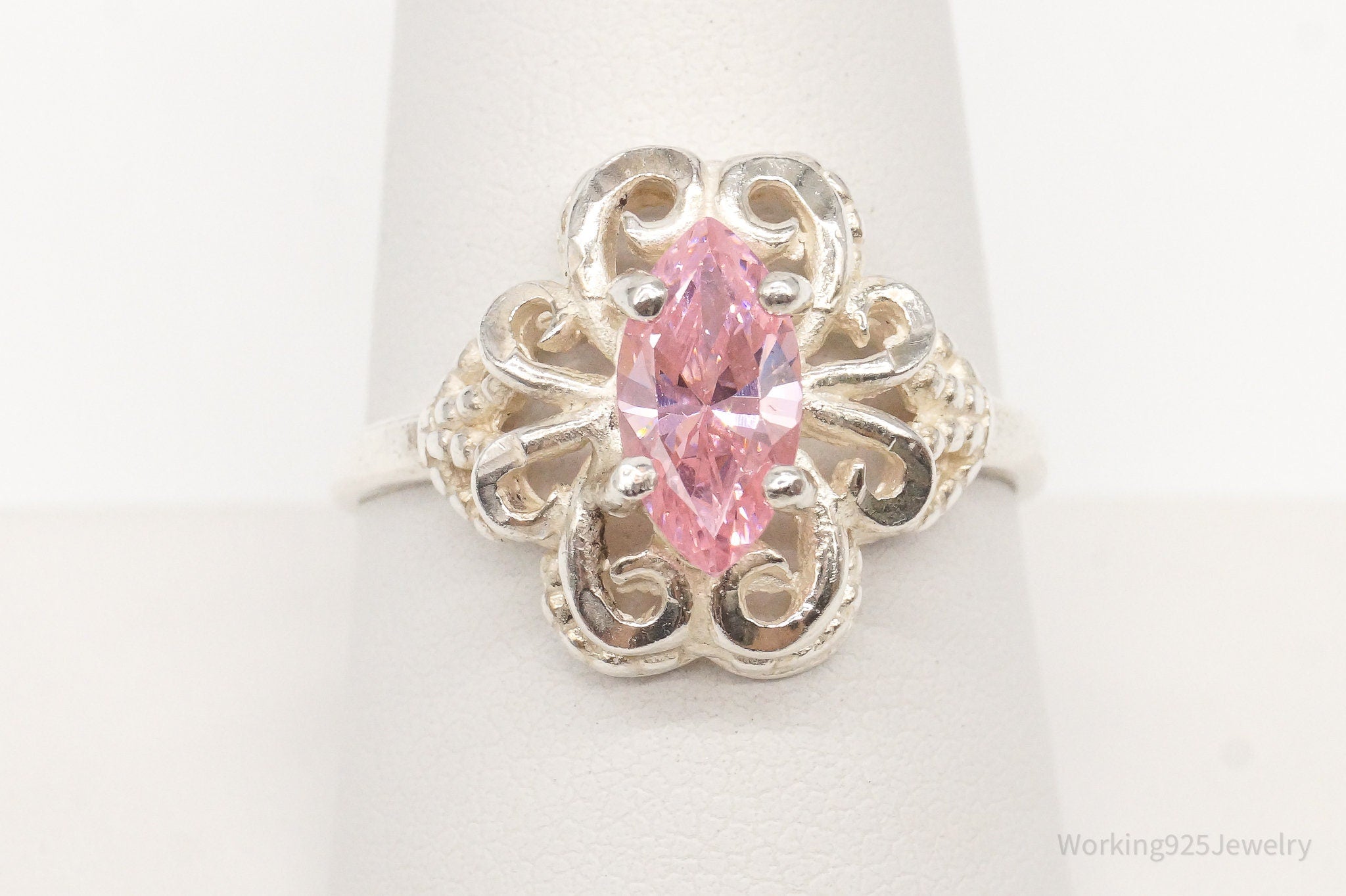 Vintage Pink Cubic Zirconia Sterling Silver Ring - Size 9.25