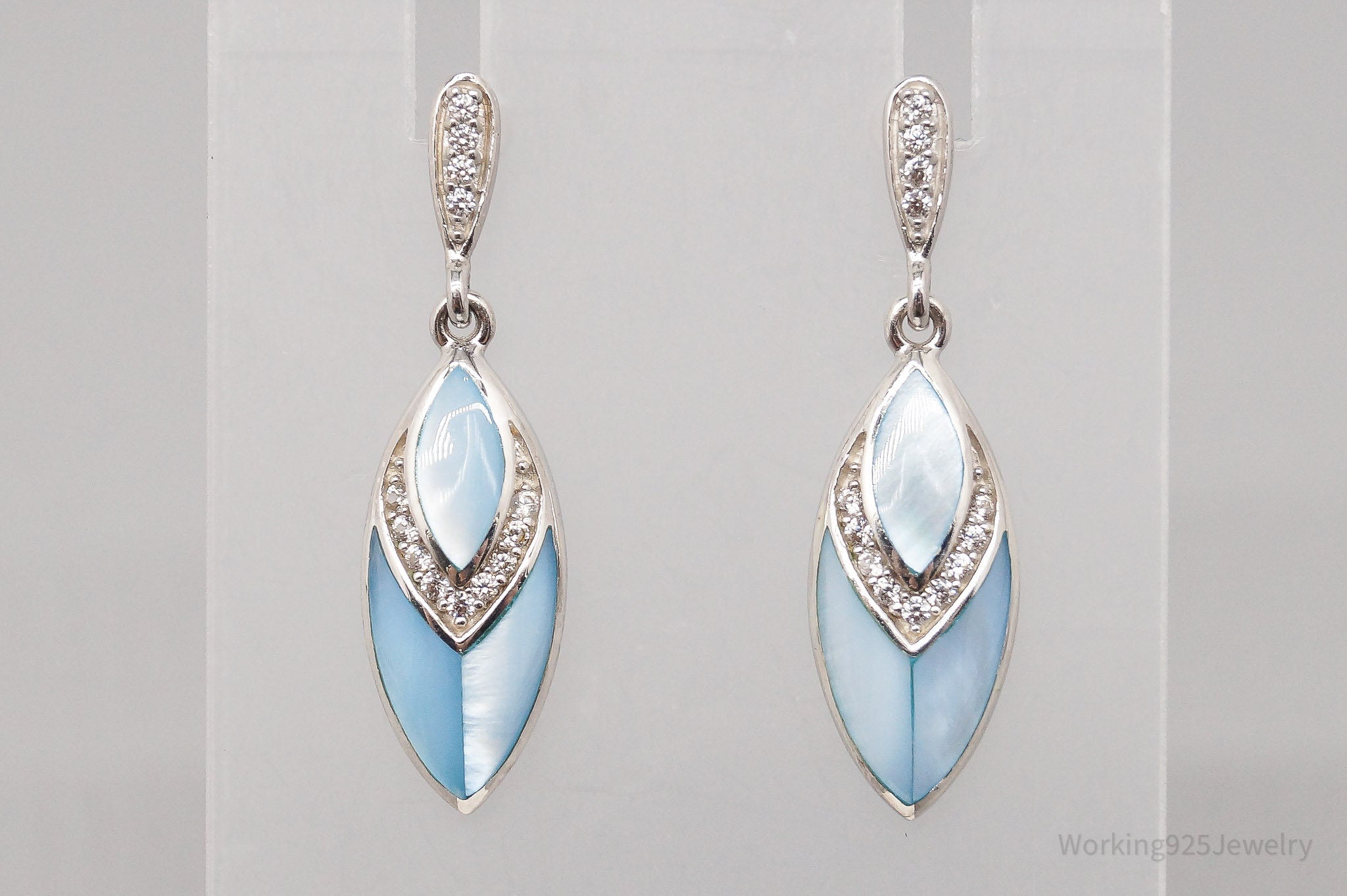 JTV Blue Mother Of Pearl & White Zircon Rhodium Over Sterling Silver Earrings