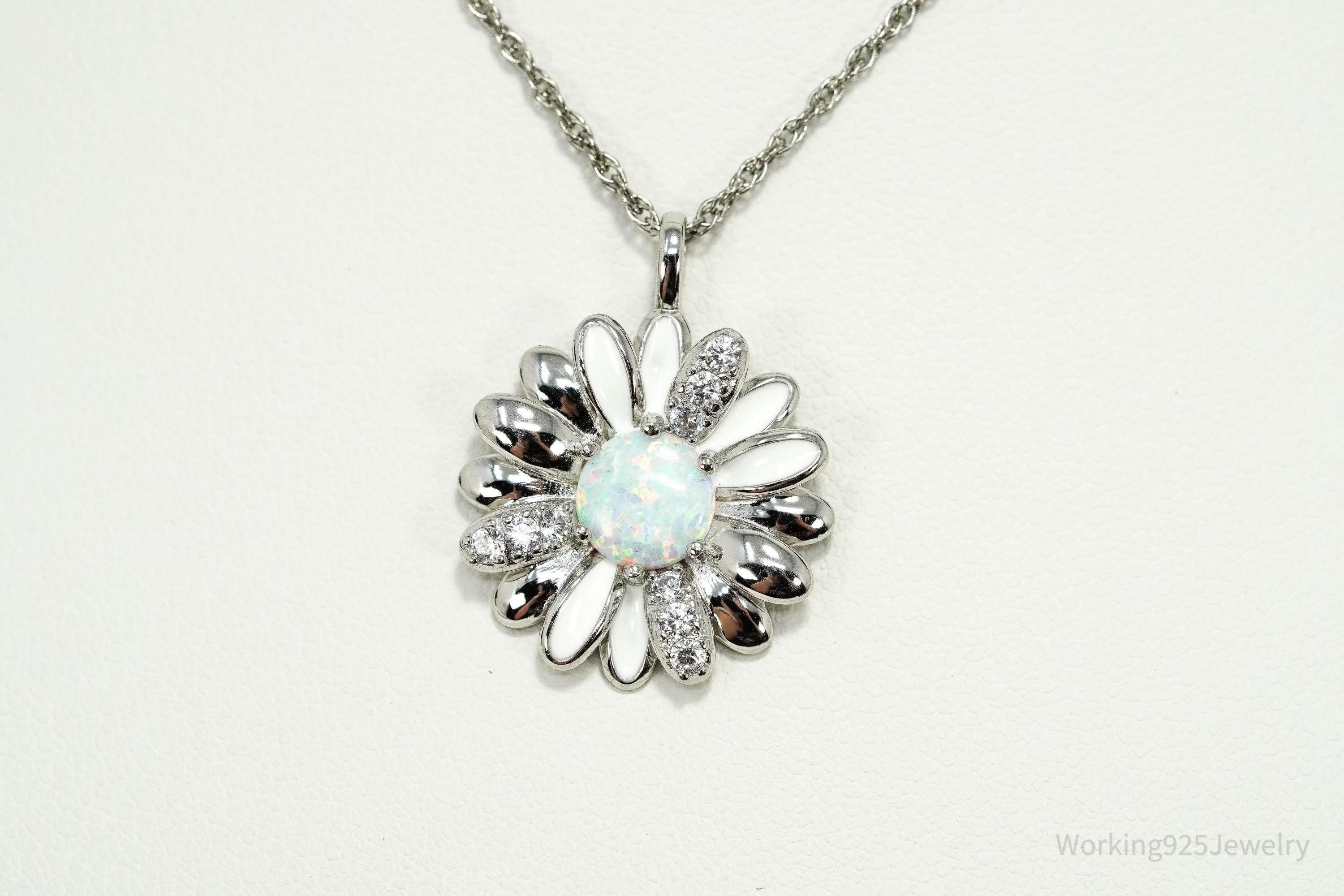 Opal & Cubic Zirconia Sterling Silver White Enamel Flower Chain Necklace 18"