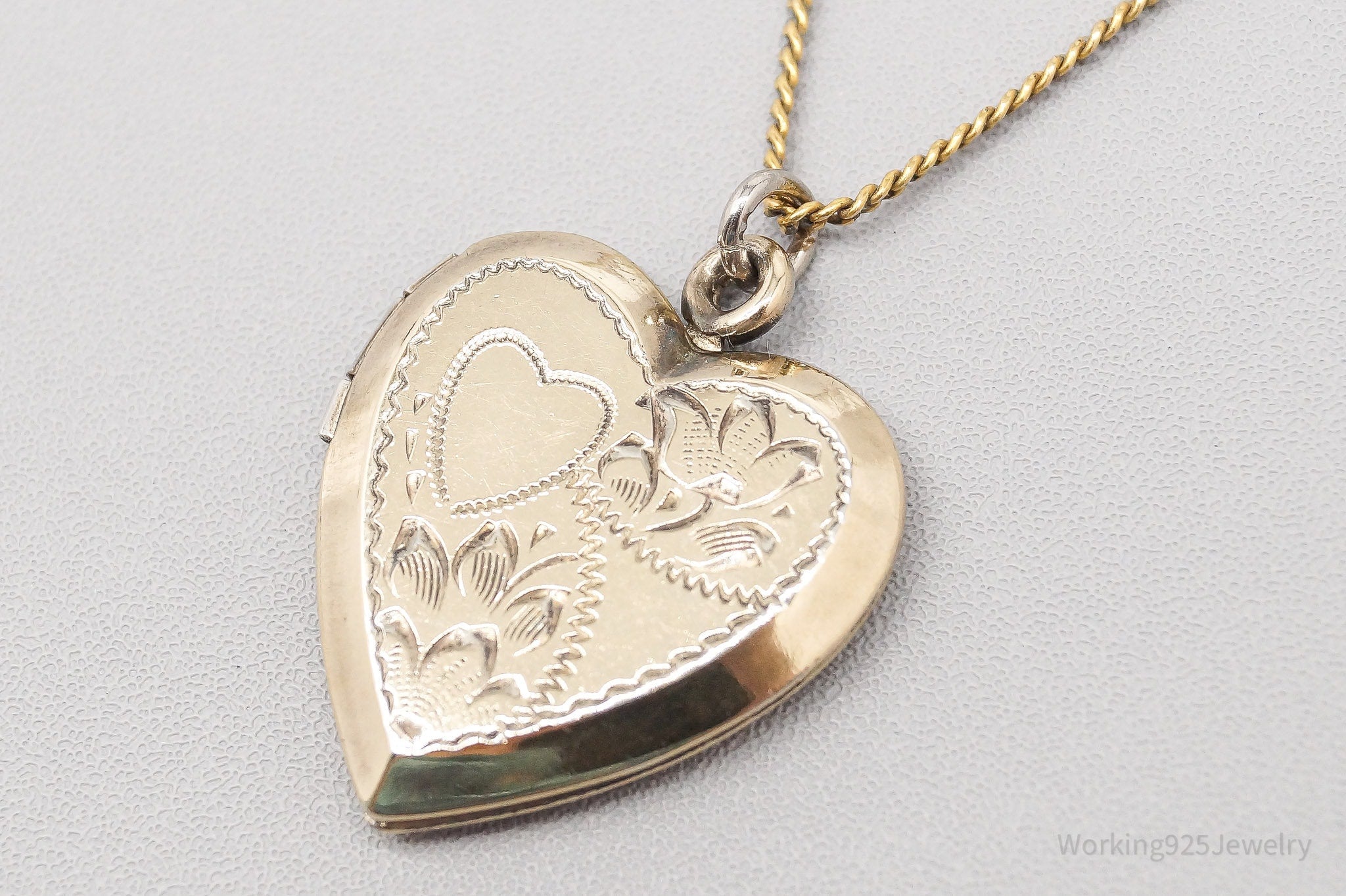 Antique S & C 12K Gold Filled Heart Locket Sterling Silver Necklace - 18"