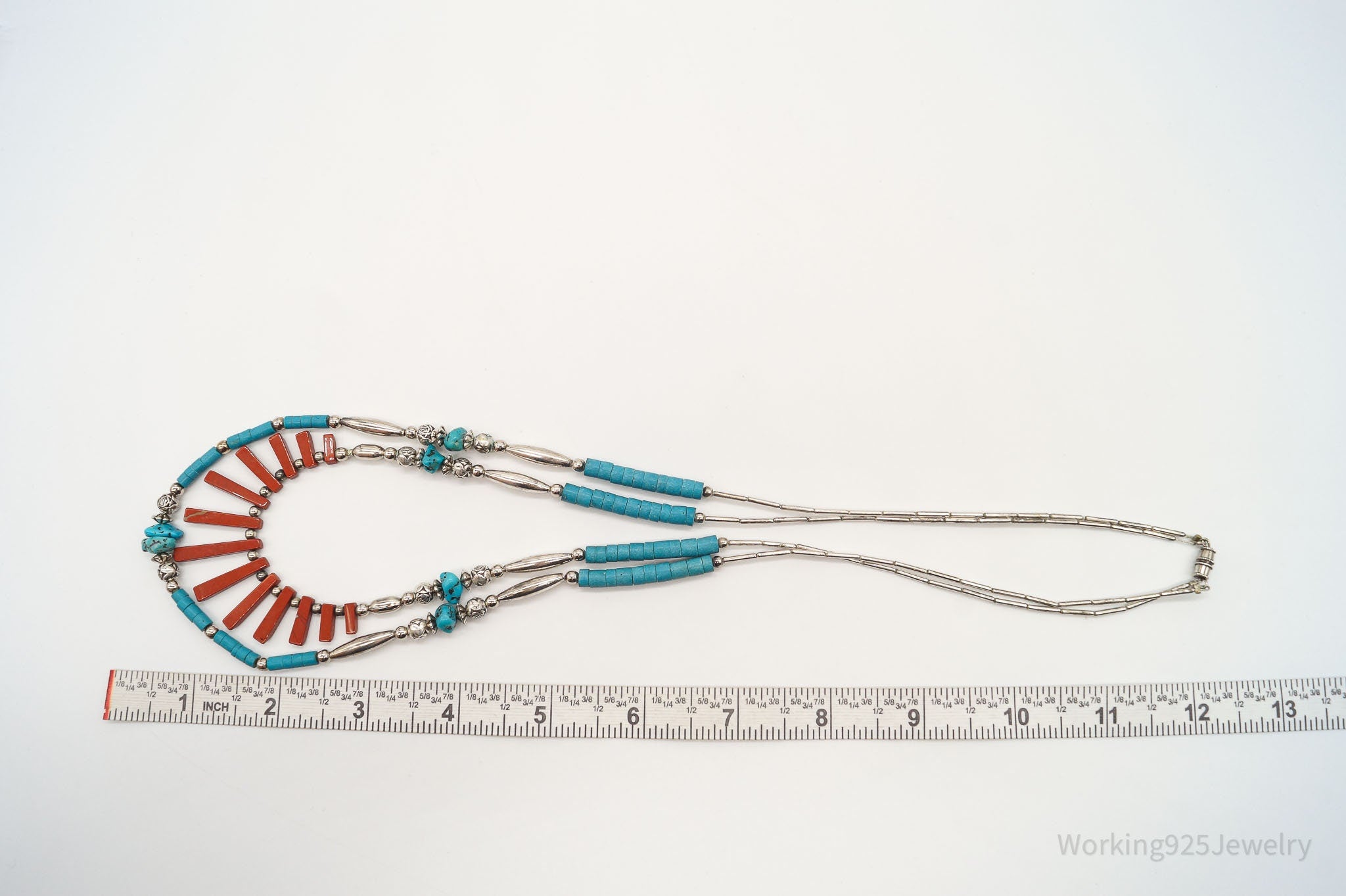 Vintage Native American Red Jasper Blue Turquoise Silver Bead Necklace 24"