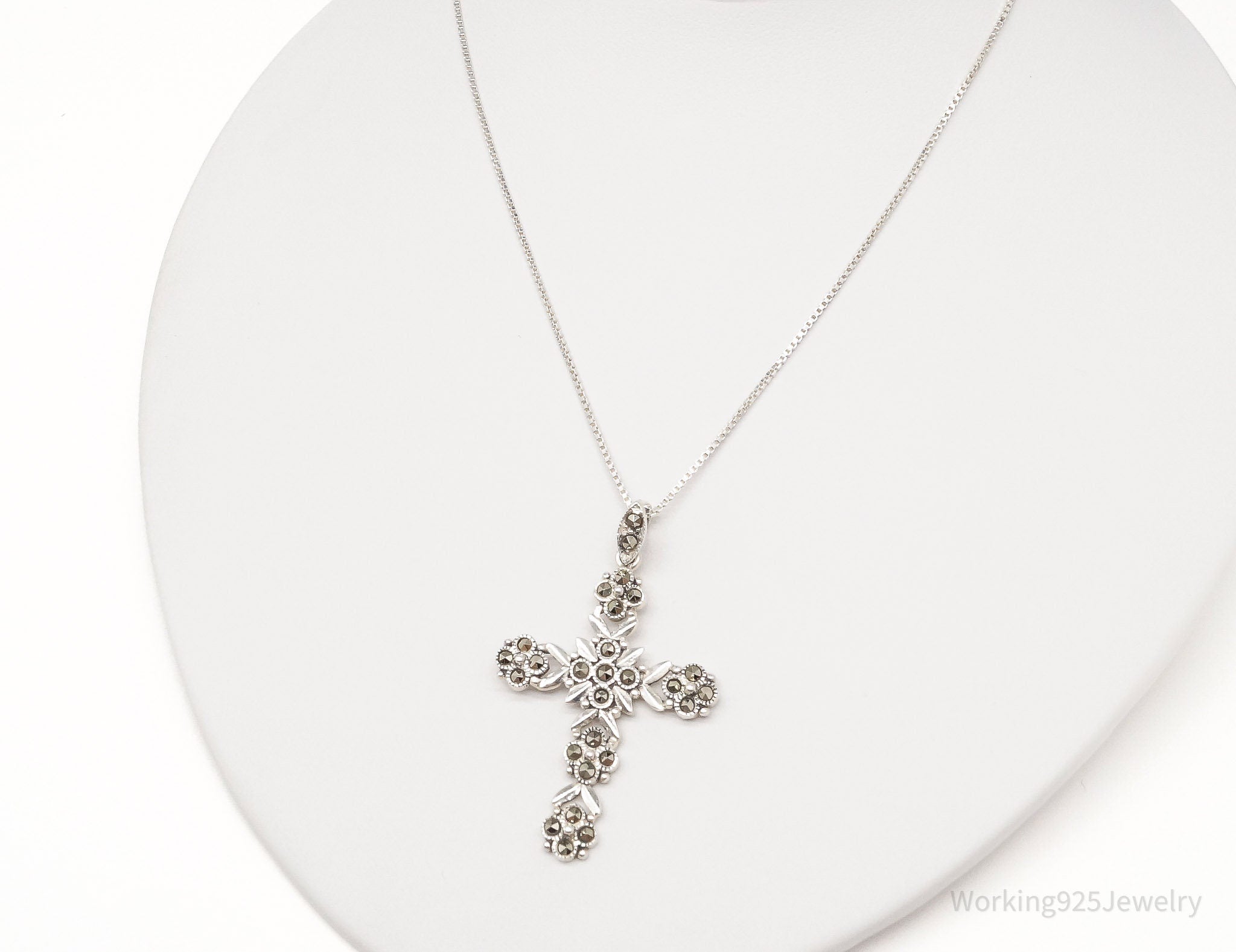 Vintage Large Marcasite Cross Sterling Silver Necklace 18"