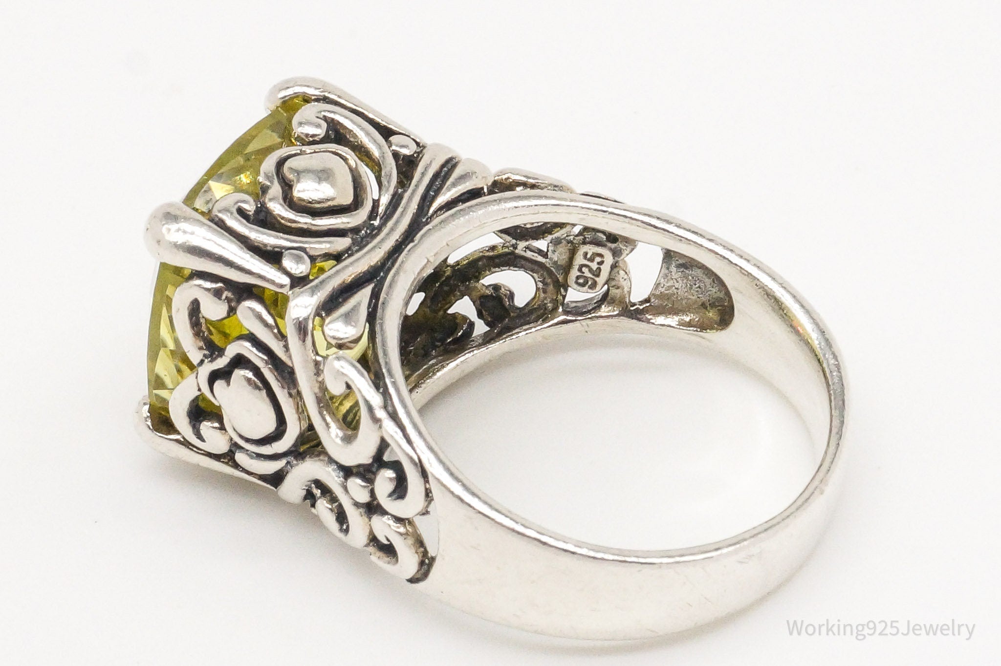 Vintage Large Yellow Cubic Zirconia Sterling Silver Ring - Size 8