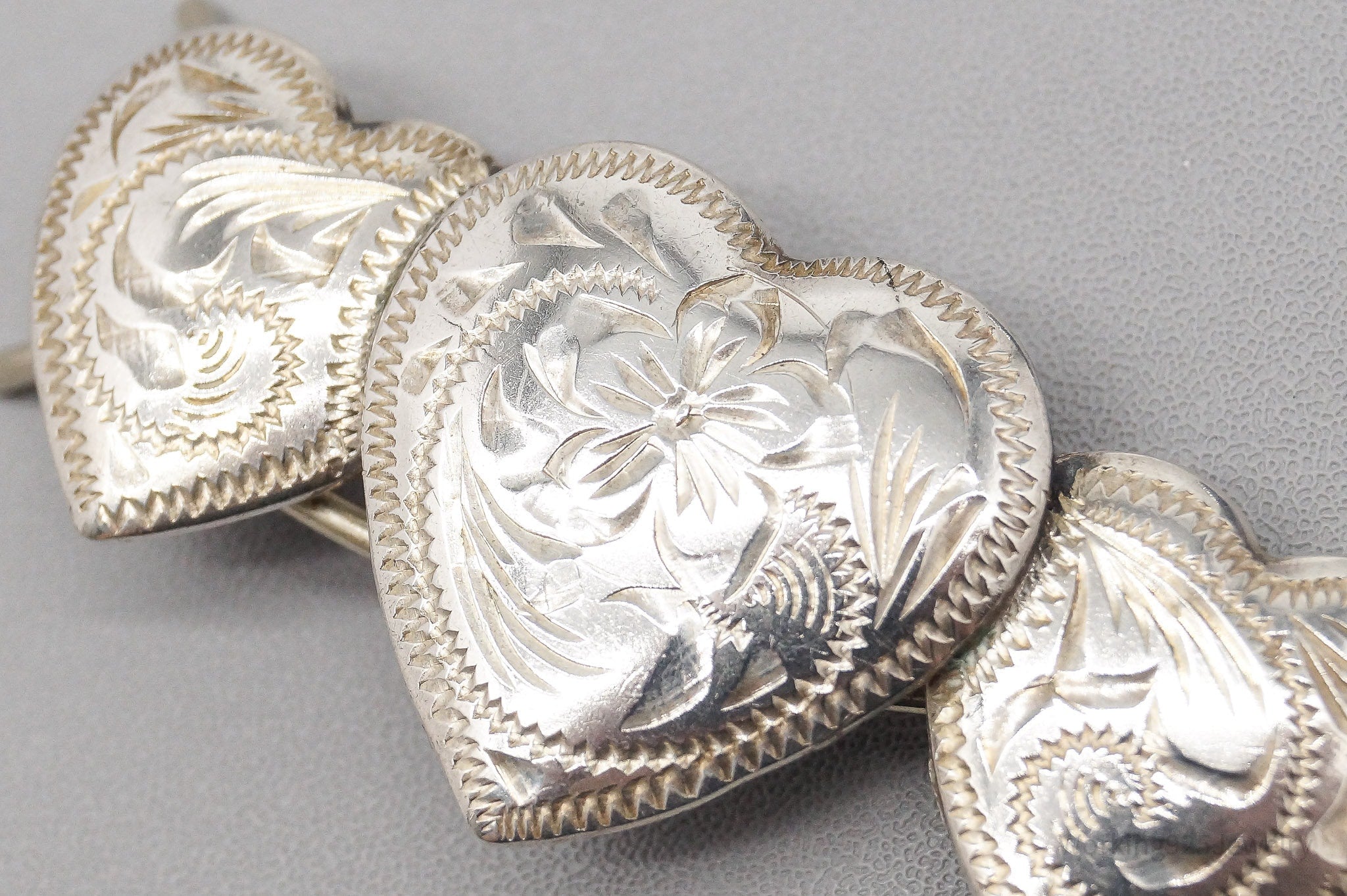 Vintage Floral Etched Hearts Sterling Silver Hair Barrette Clip