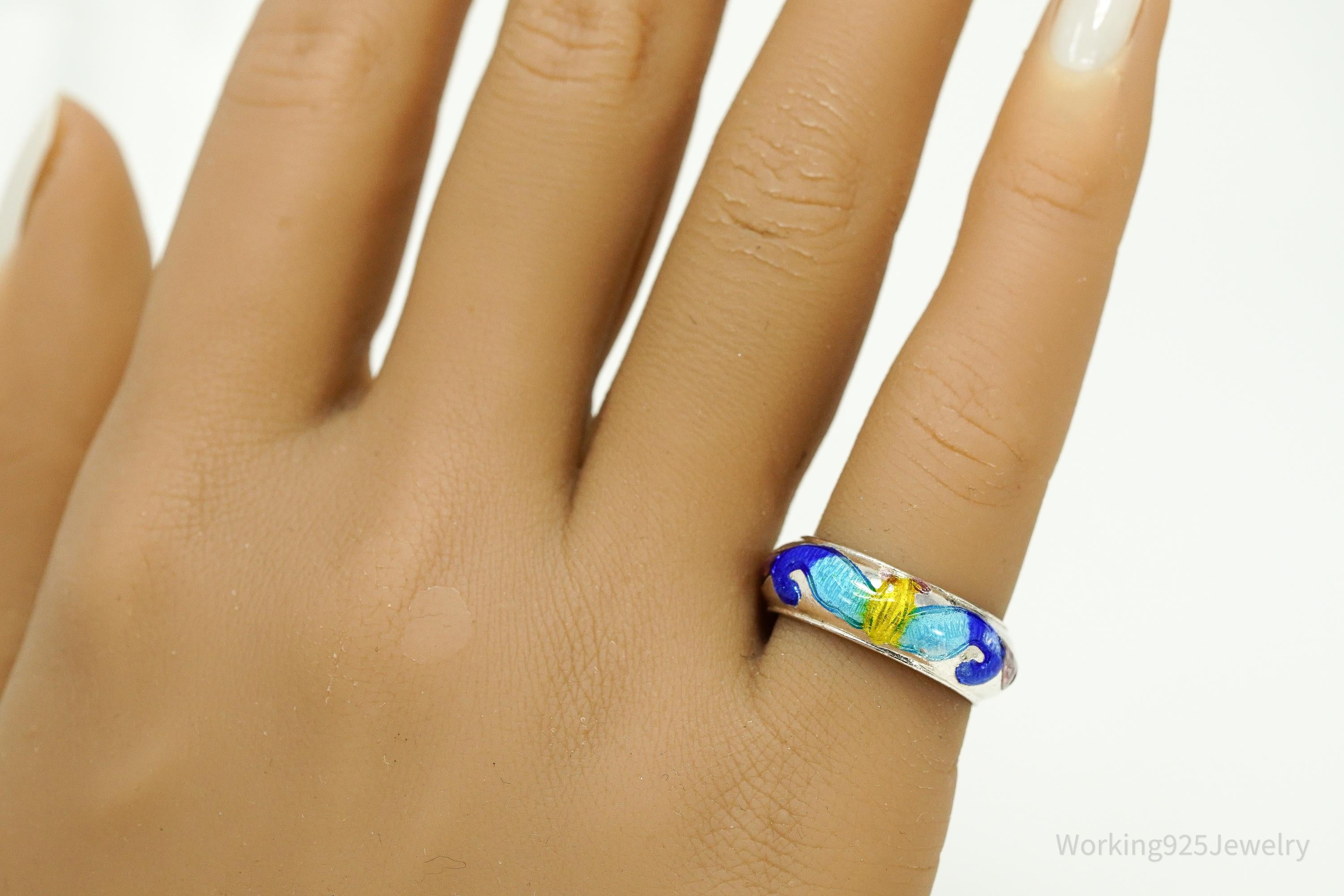 Vintage Enamel Silver Band Ring Size 6.25