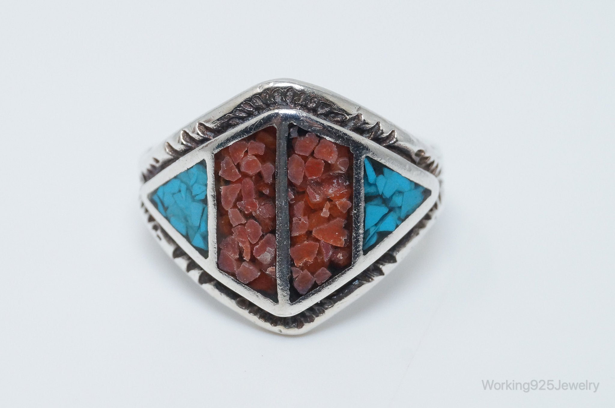 Vintage Native American Turquoise Coral Sterling Silver Ring - Size 7.5