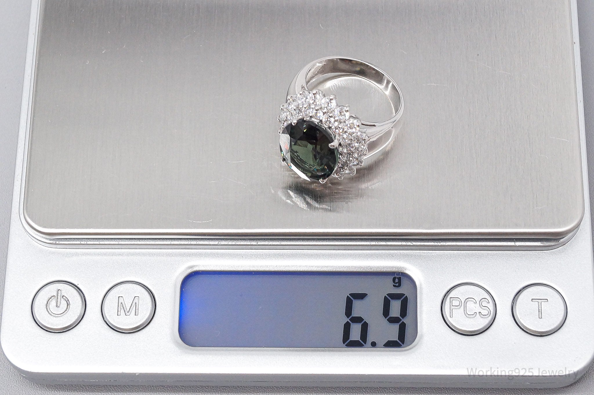 Large Lab Bluish Green Spinel & Cubic Zirconia Sterling Silver Ring Size 6.5